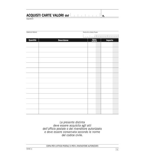 Blocco distinta acquisto carte valori - 50/50 copie …
