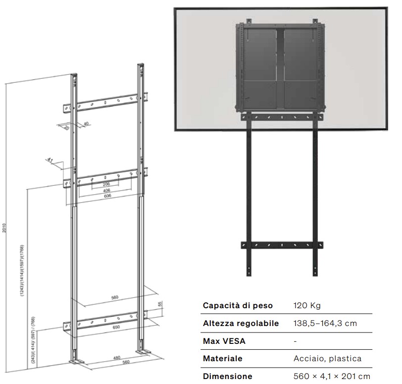 SUPPORTO DA PAVIMENTO A MURO 120KG ALTEZZA REG.138.5-164.3 …