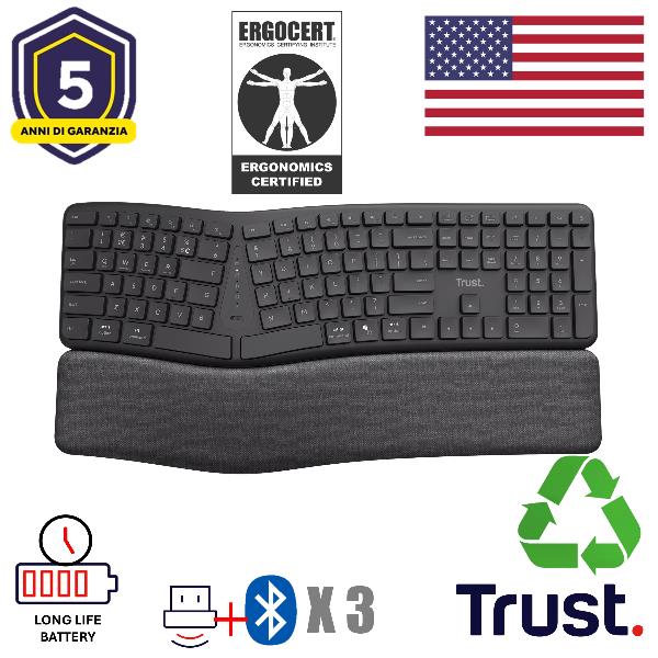Trust Keyra Tastiera wireless multi-dispositivo ergonomica, Full-size (100%), …