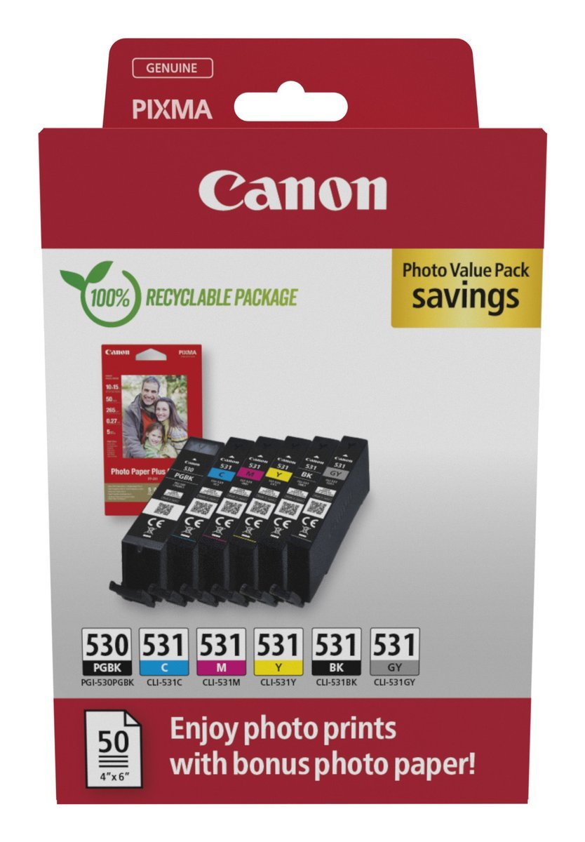CANON PGI-530/CLI-531 PGBK/C/M/Y/BK/GY PHOTO VALUE PACK INCHIOSTRO + …
