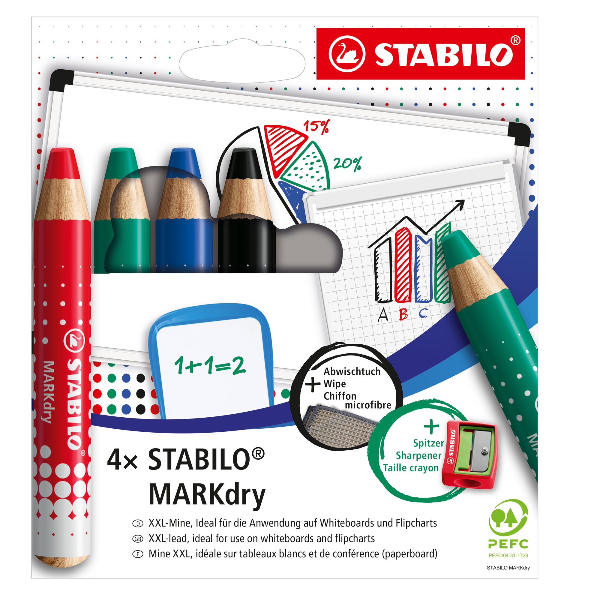 STABILO MARKdry, 4 pz, Nero, Blu, Verde, Rosso, Multicolore, Rotondo, Legno, 1 cm