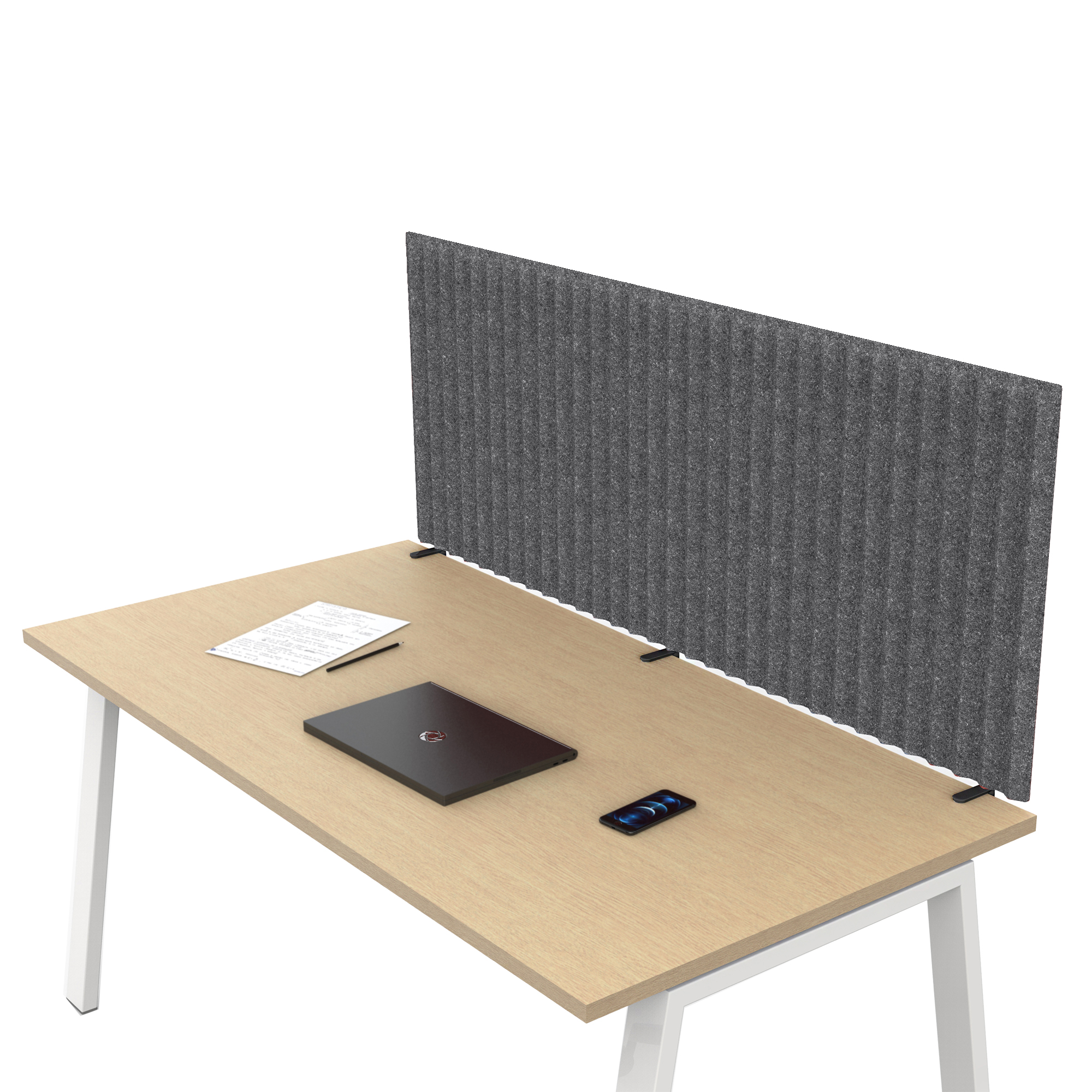 Pannello fonoassorbente per scrivania - 135 x 40 cm - morsetti neri - grigio medio