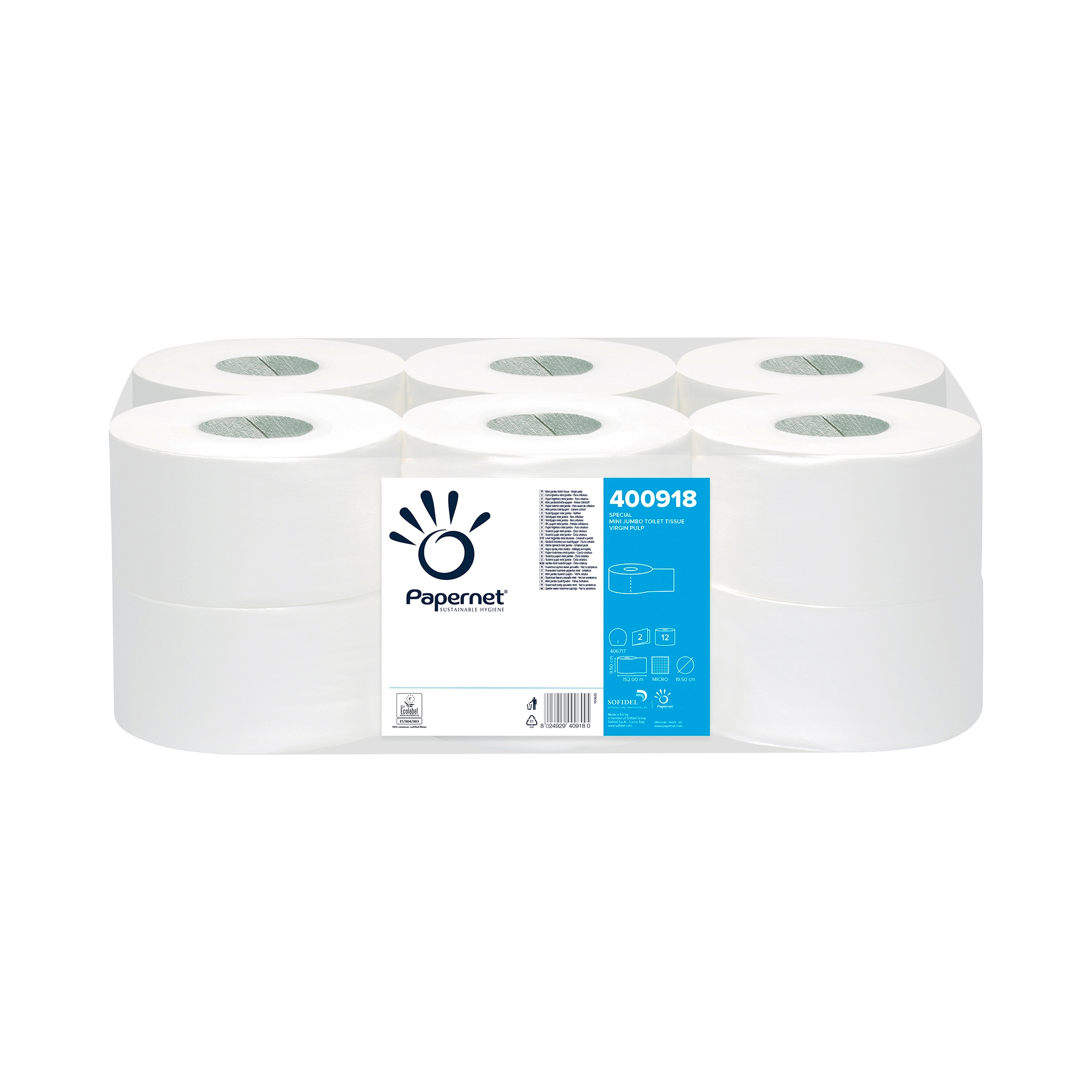 Papernet Mini Jumbo - Carta igienica - pura cellulosa - rotolo - 152 m - bianco (pacchetto di 12)