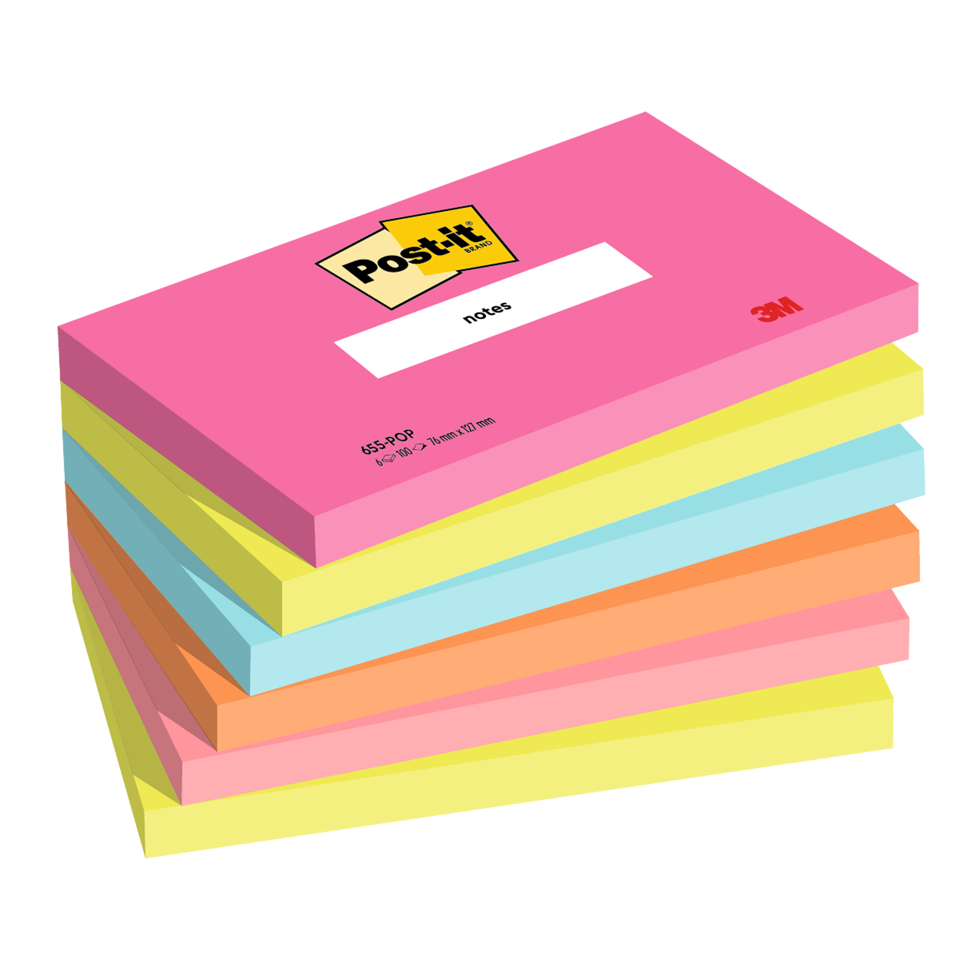 Post-it 655-POP - Blocchi - 127 x 76 mm - 600 fogli (6 x 100) - rosa, blu, verde, arancione