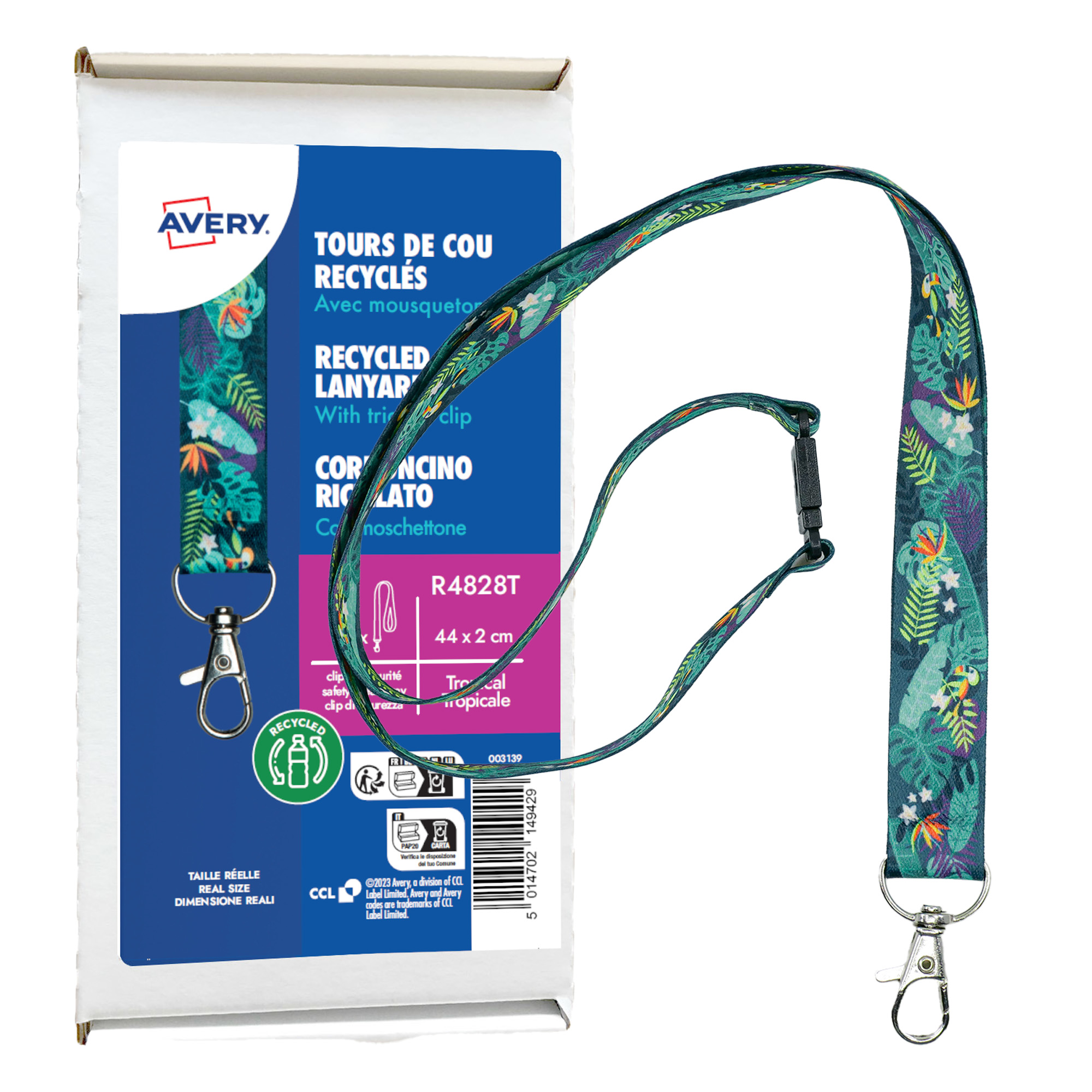 Cordoncino per portabadge - in Rpet - fantasia tropicale - 440 x 20 mm - Avery - Conf. 10 pezzi