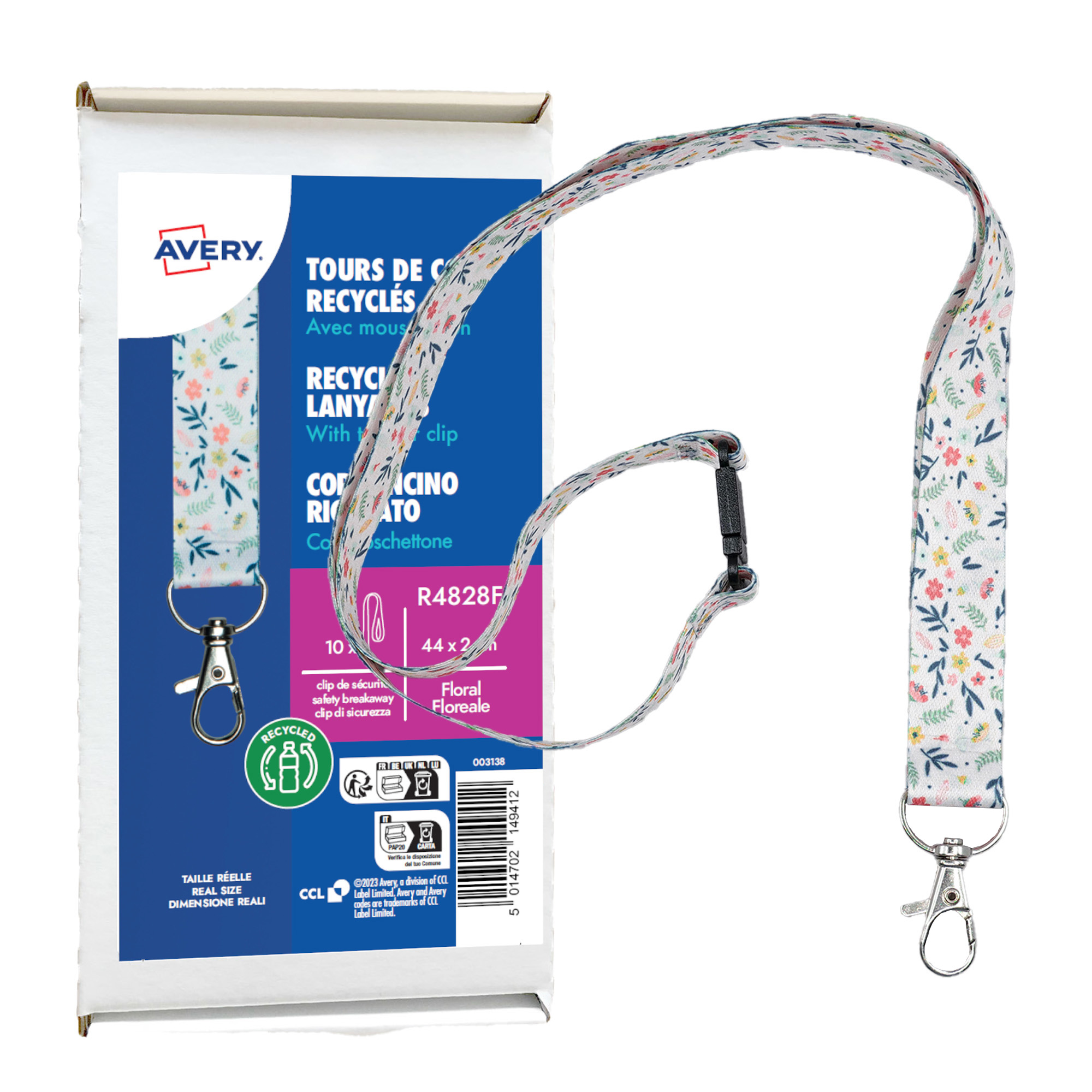Cordoncino per portabadge - in Rpet - fantasia floreale - 440 x 20 mm - Avery - Conf. 10 pezzi