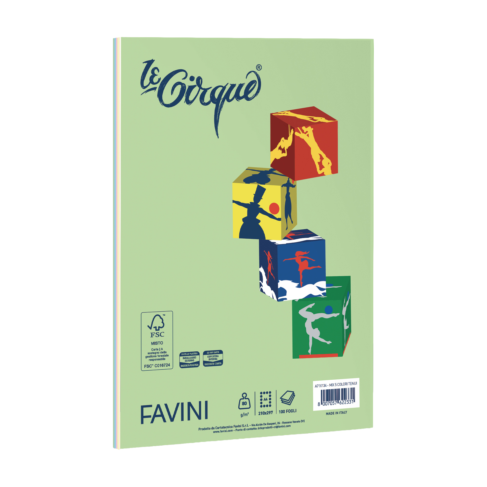 Carta LE SMALL CIRQUE A4 80gr 100fg mix 5 colori tenui FAVINI