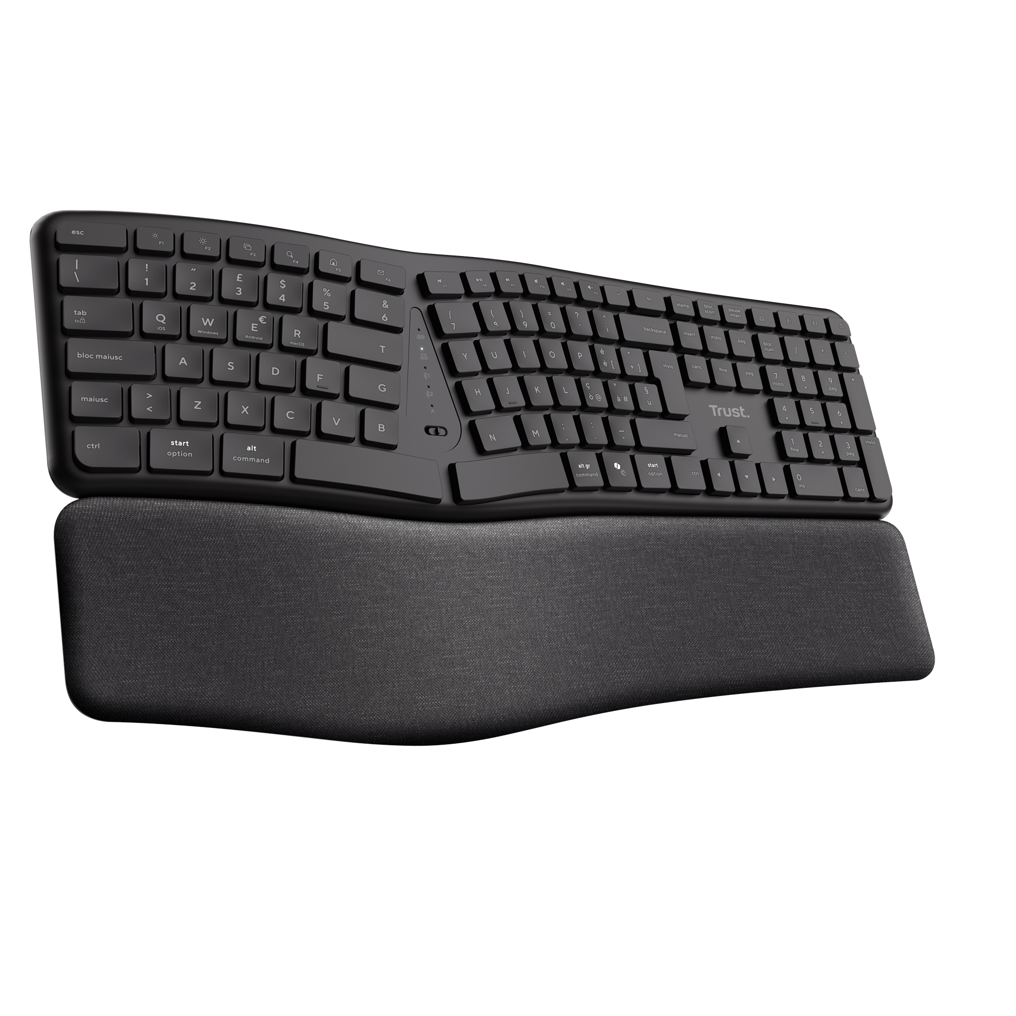 Trust TASTIERA ERGONOMICA WIRELESS TRUST KEYRA MULTI-CONNESSIONE BT + 2,4GHz - 85% PLASTICA RICICLATA - LAYOUT IT - NERO
