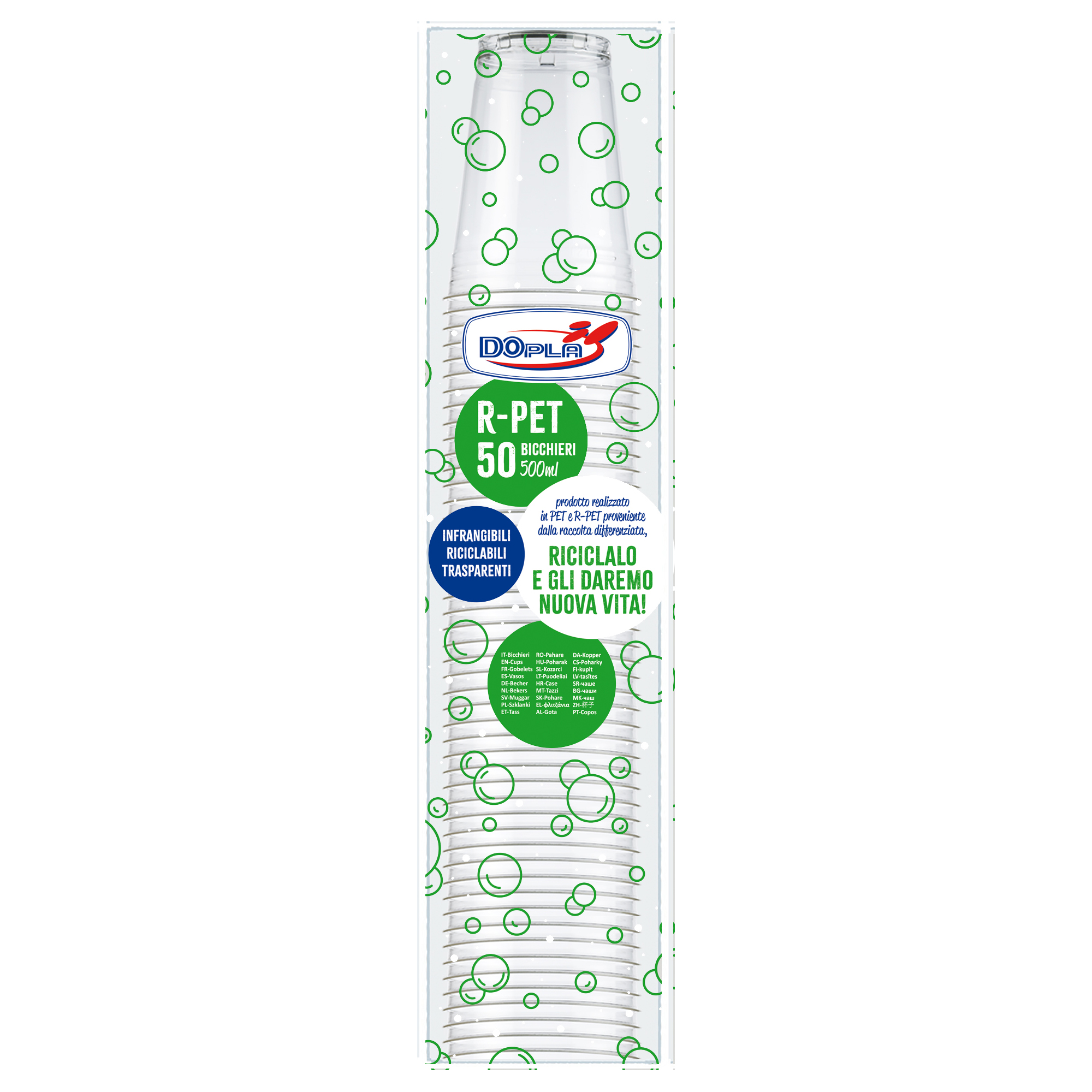 Conf 50 Bicchieri R-PET tacca 400ml trasparenti Dopla