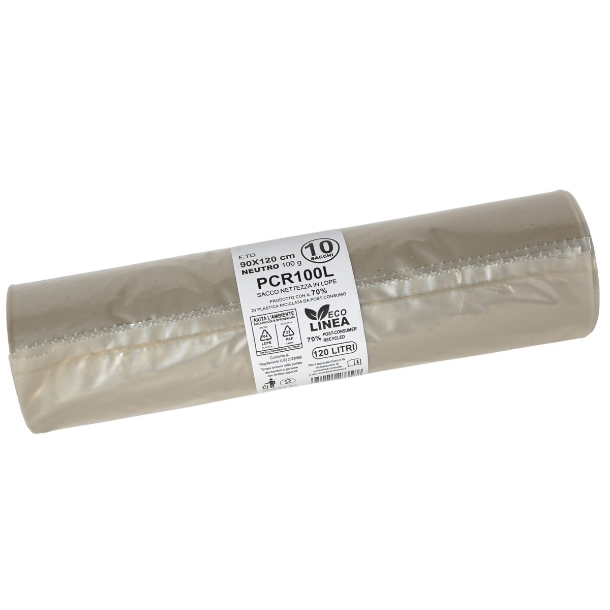 10 sacchi rifiuti PCR 120L 90x120cm 100gr neutro …