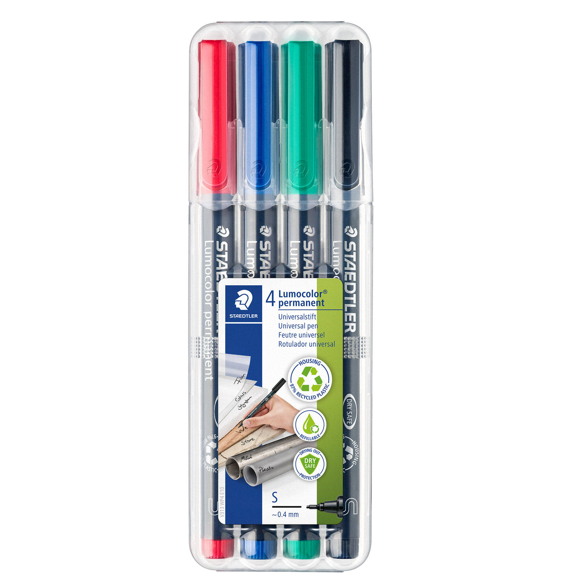STAEDTLER Lumocolor 313 - Marcatore - permanente - nero, rosso, blu, verde - 0.4 mm - superfine (pacchetto di 4)