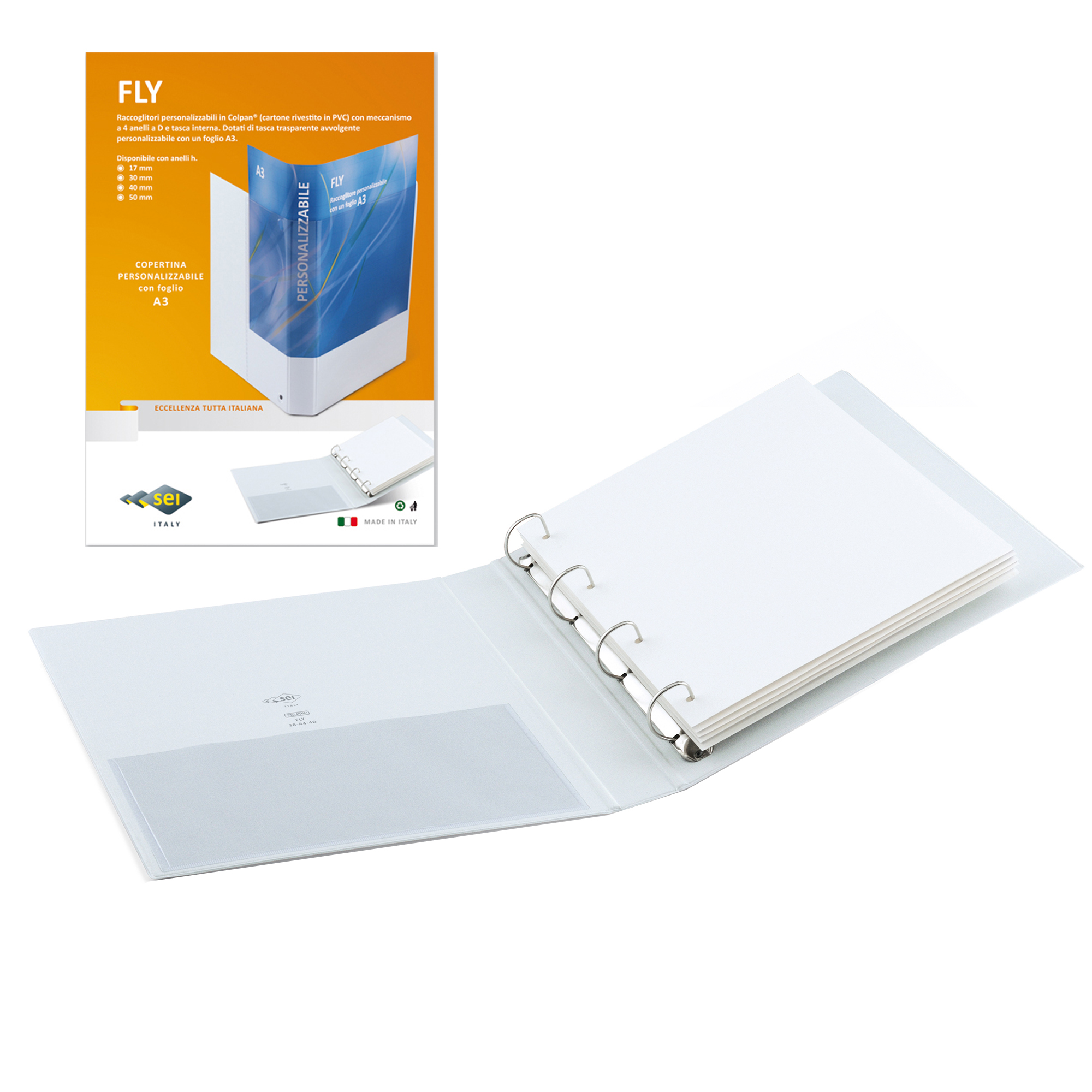 Raccoglitore personalizzabile Fly - 22 x 30 cm - 4 anelli a D 40 mm - dorso 5,5 cm - bianco - Sei Rota
