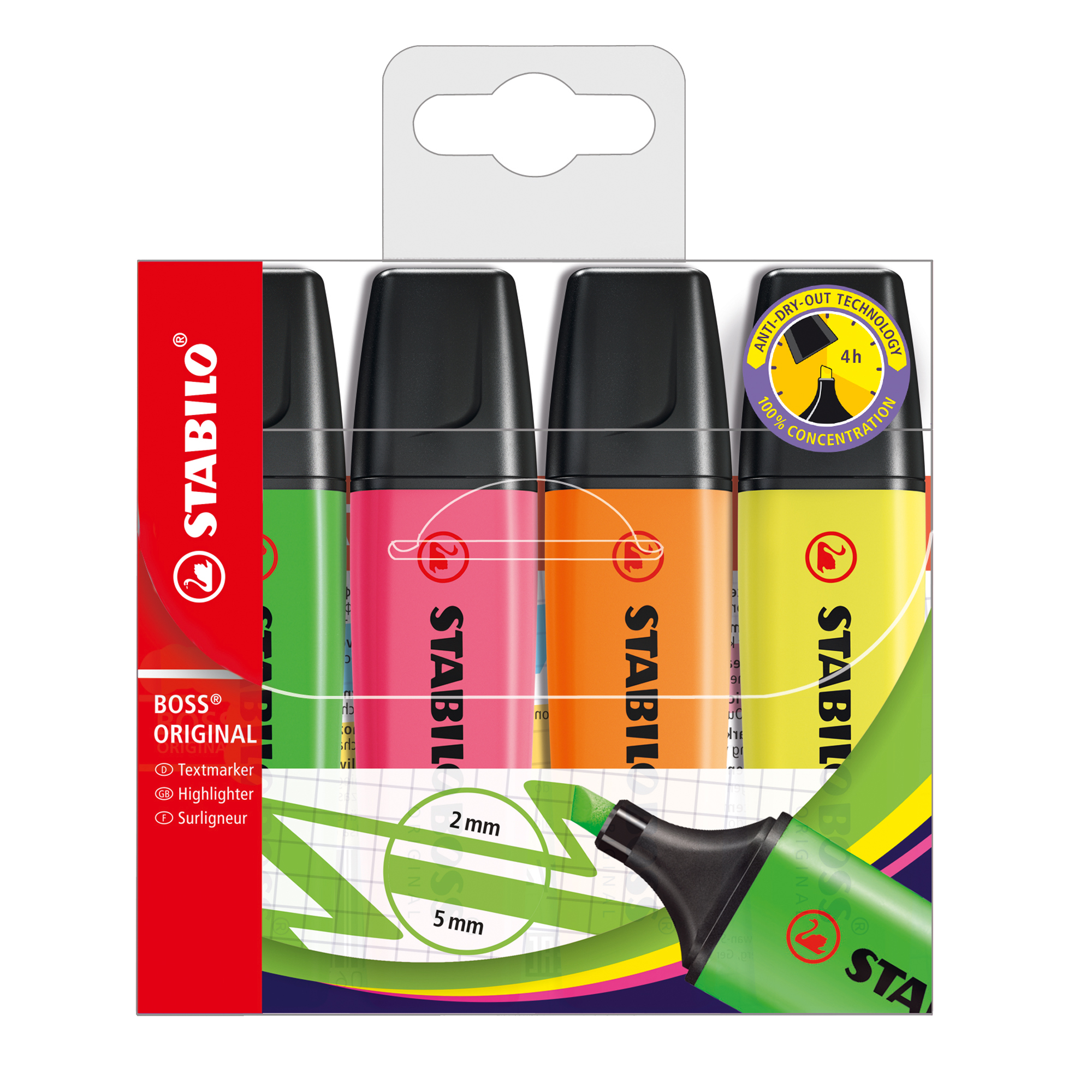 STABILO BOSS ORIGINAL - Evidenziatore - arancione fluorescente, giallo fluorescente, verde fluorescente, rosa fluorescente - inchiostro base acqua - 2-5 mm (pacchetto di 4)