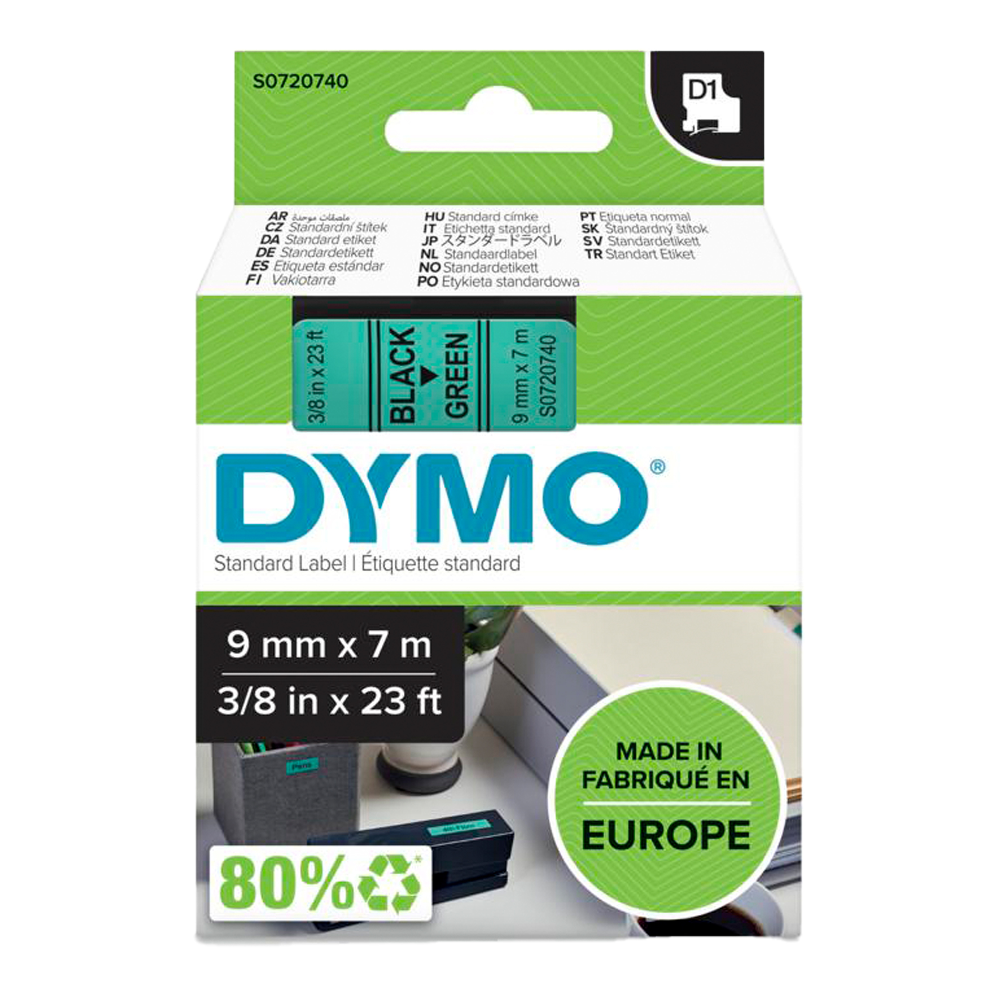 DYMO D1 - Poliestere - autoadesivo - nero su verde - Rotolo (0,9 cm x 7 m) 1 cassetta(e) rotolo di etichette - per LabelMANAGER 160, 210D, 210D Kit, 210D Kit Case, 280, 360D, 420P, 420P Kit, 500TS, PnP