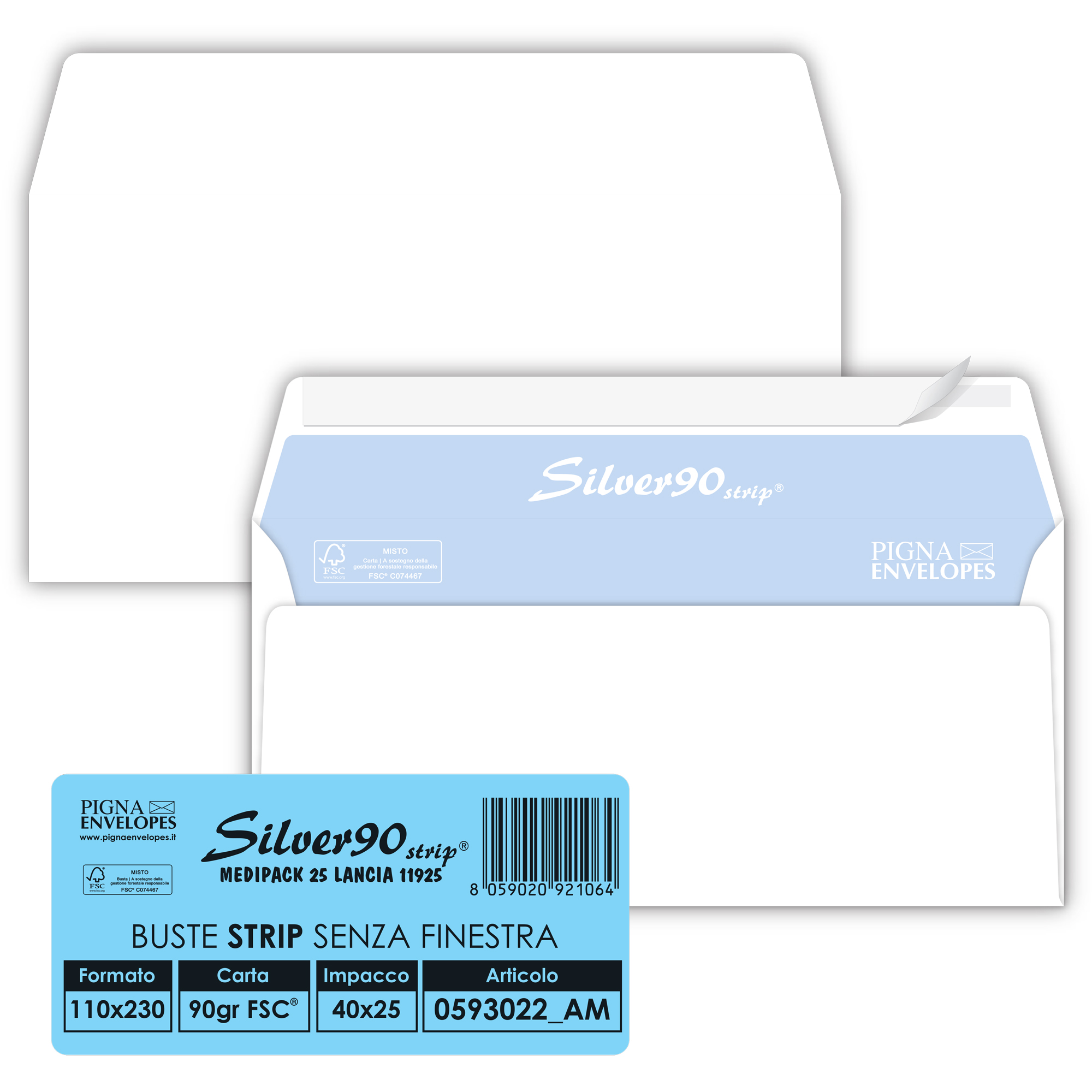 Pigna EDERA STRIP - Busta - 110 x 230 mm - a portafoglio - apertura laterale - autoadesivo (distacco e sigillazione) - rivestimento a colori - pacco da 25