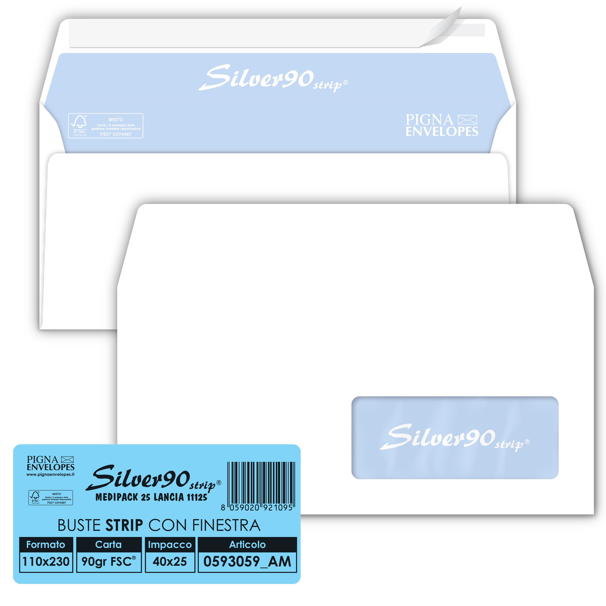 Pigna EDERA STRIP - Busta - 110 x 230 mm - a portafoglio - apertura laterale - 1 finestra - rivestimento a colori - pacco da 25