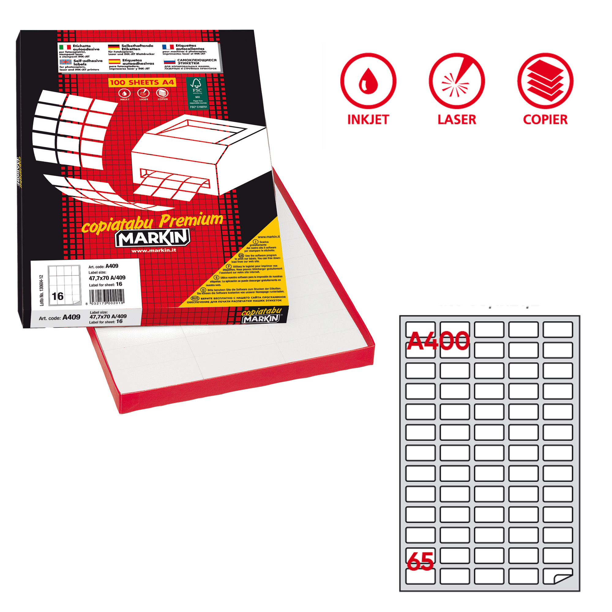 Etichette adesive A/400 - in carta - permanenti - 38,1 x 21,2 mm - 65 et/fg - 100 fogli - bianco - angoli tondi - Markin