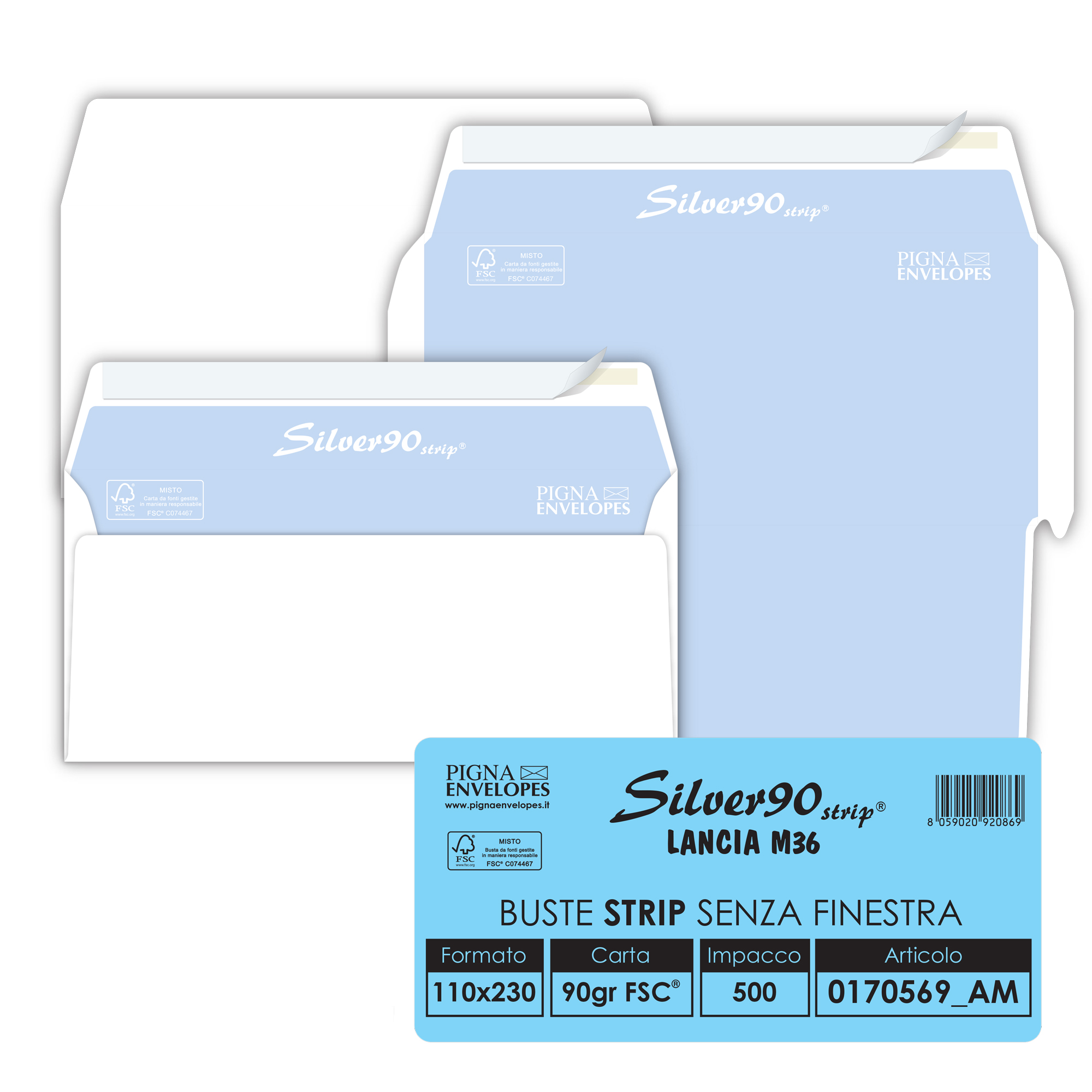 Pigna EDERA STRIP - Busta - 110 x 230 mm - a portafoglio - apertura laterale - autoadesiva - tinta di sicurezza - pacco da 500