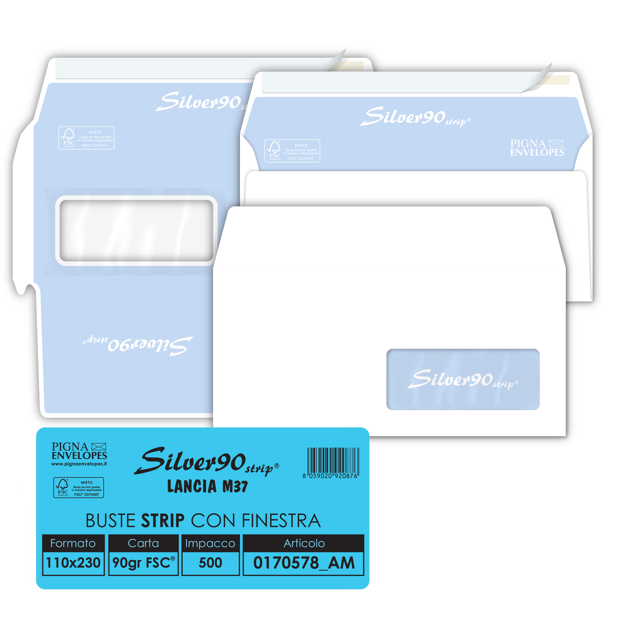 Pigna EDERA STRIP - Busta - 110 x 230 mm - a portafoglio - apertura laterale - autoadesiva - 1 finestra - tinta di sicurezza - pacco da 500