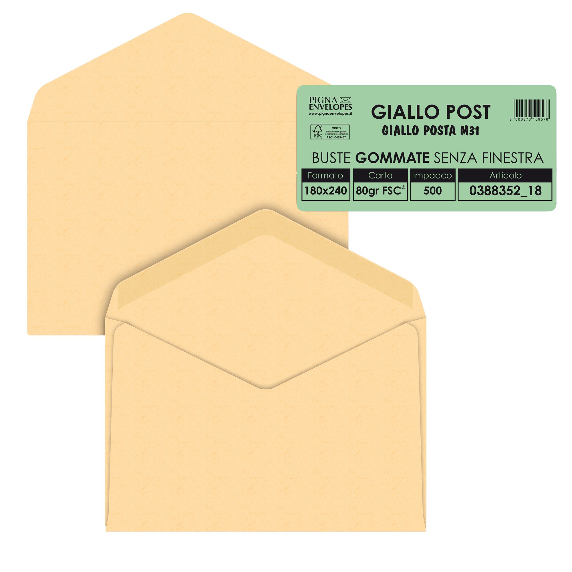 Pigna POSTALE - Busta - 180 x 240 mm - triangolare - apertura laterale - giallo - pacco da 500