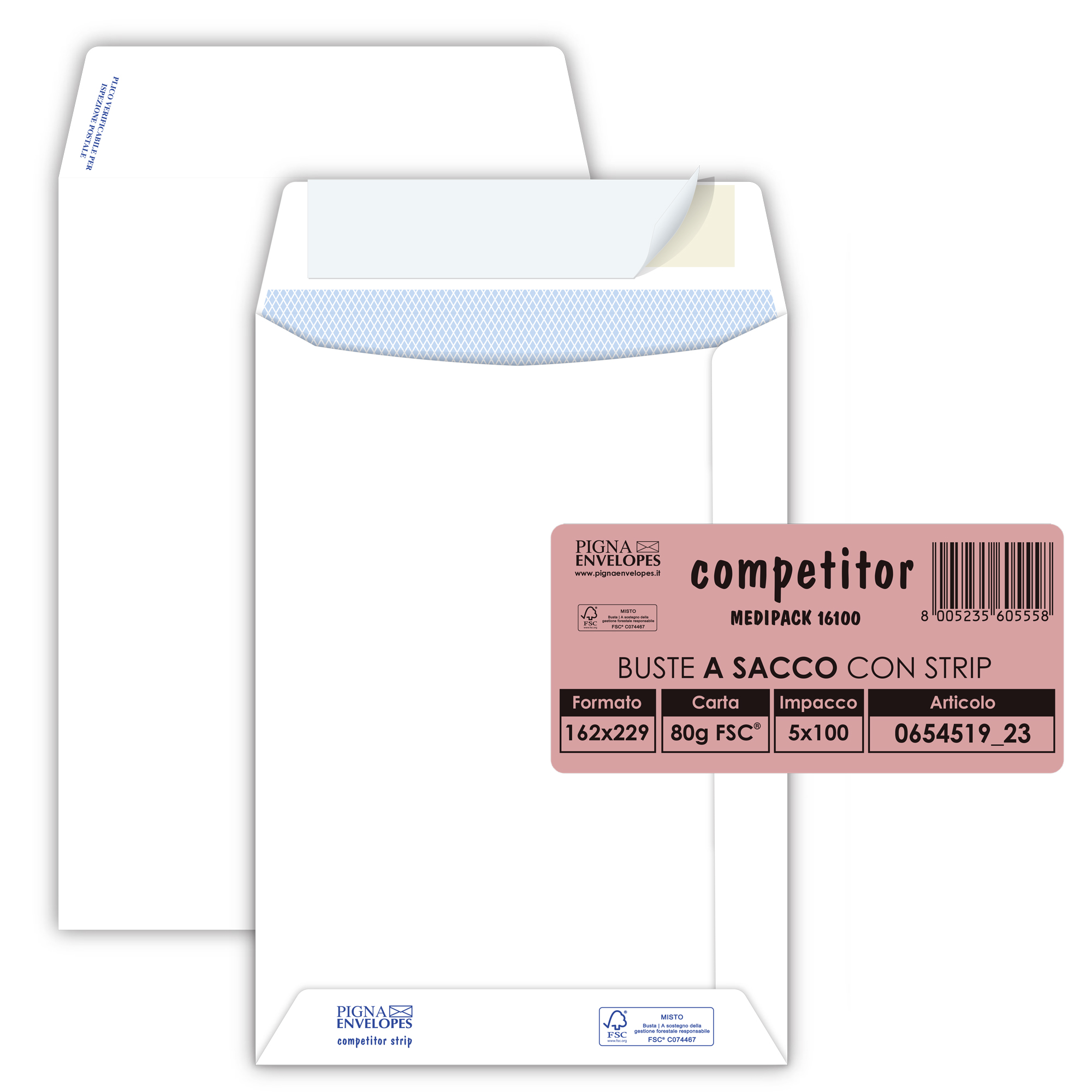 Pigna COMPETITOR STRIP - Busta - 160 x 230 mm - a portafoglio - estremità aperta - autoadesiva - pacco da 100