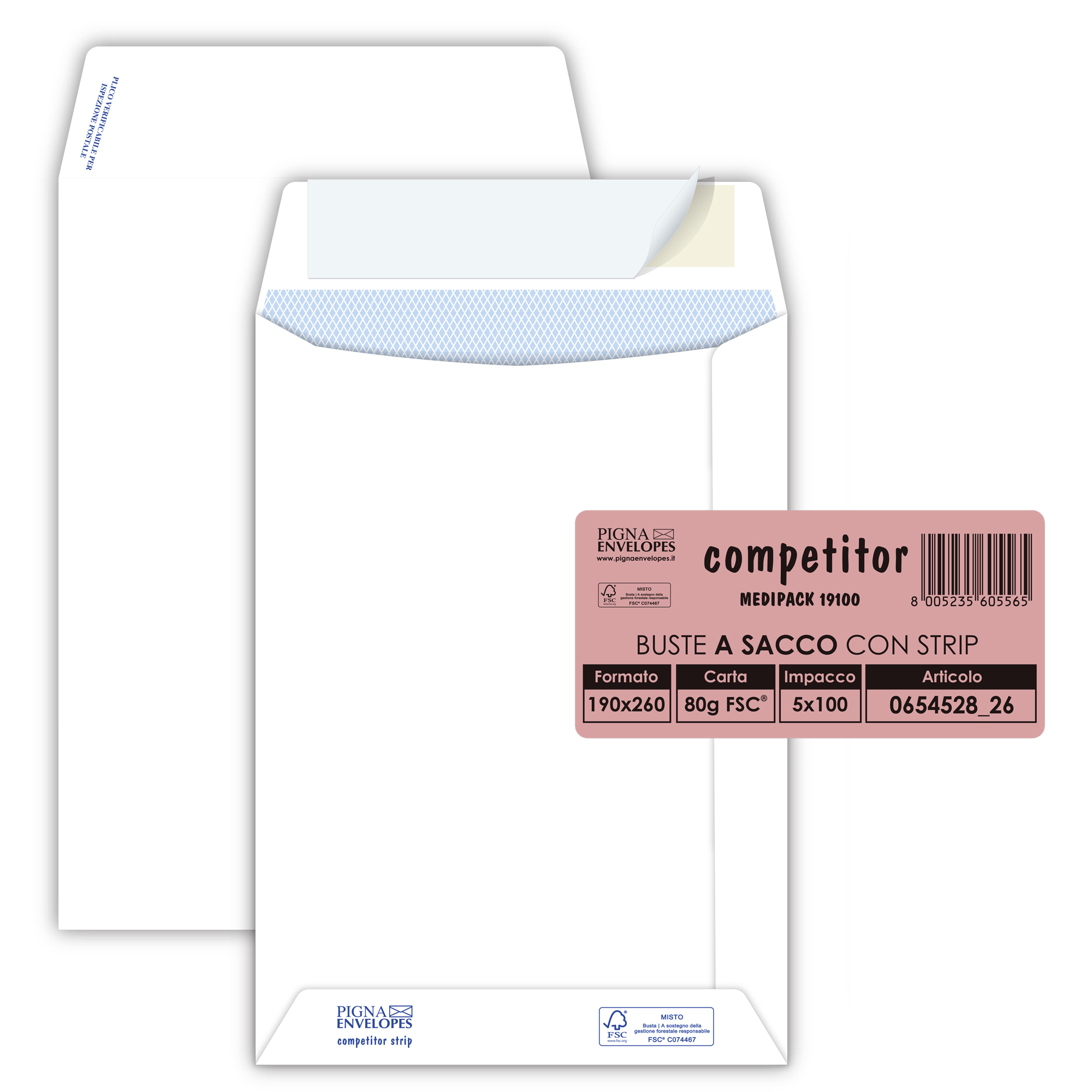 Pigna COMPETITOR STRIP - Busta - 190 x 260 mm - a portafoglio - estremità aperta - autoadesiva - pacco da 100