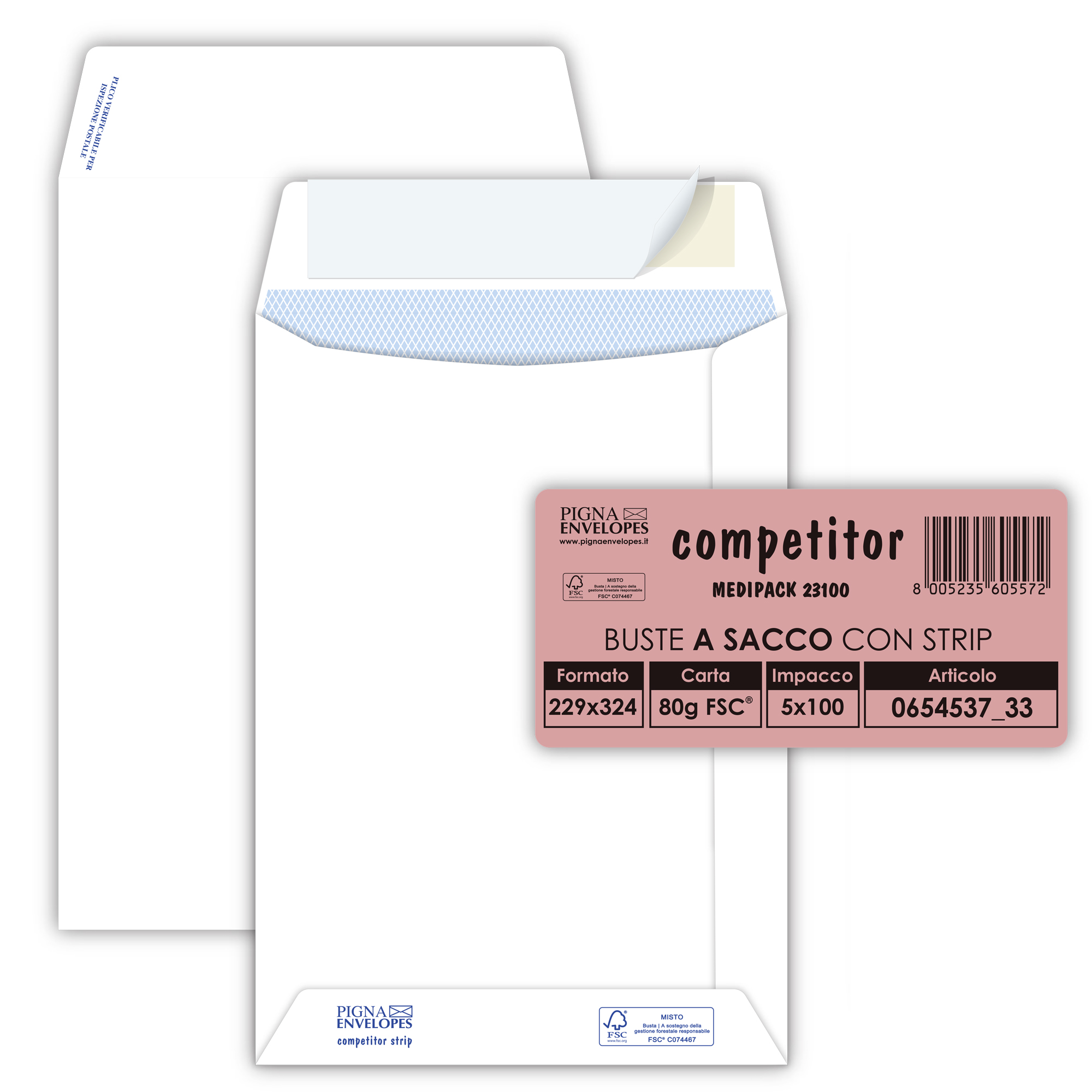 Pigna COMPETITOR STRIP - Busta - 230 x 330 mm - a portafoglio - estremità aperta - autoadesiva - pacco da 100