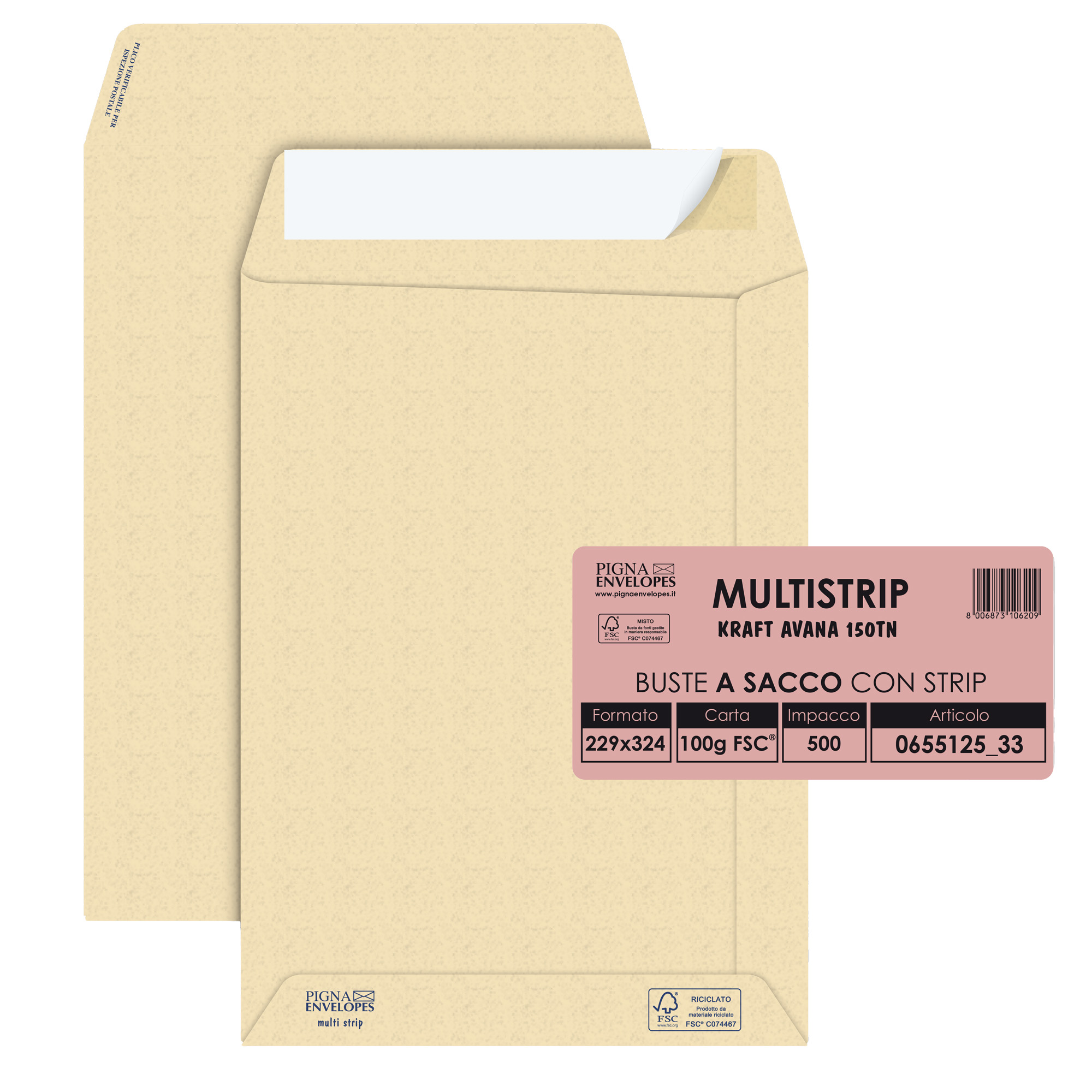 Pigna MULTIMAIL - Busta - 230 x 330 mm - a portafoglio - estremità aperta - autoadesiva - pacco da 500