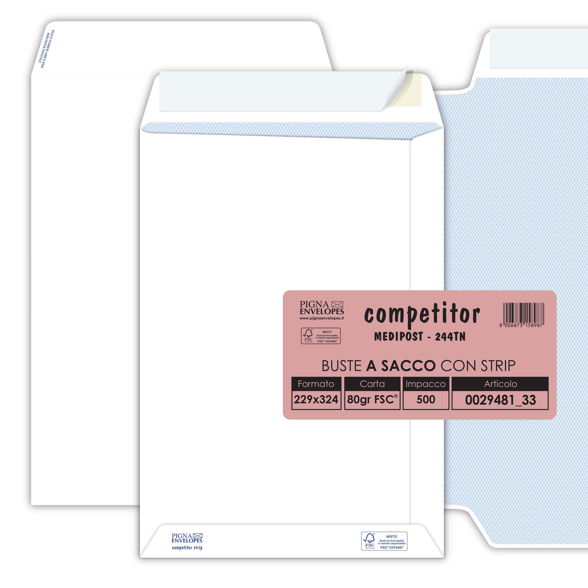 Buste a sacco autoadesive internografate Competitor - Pigna - con strip 23x33 cm 80g/mq carta uso mano bianca(conf.500)