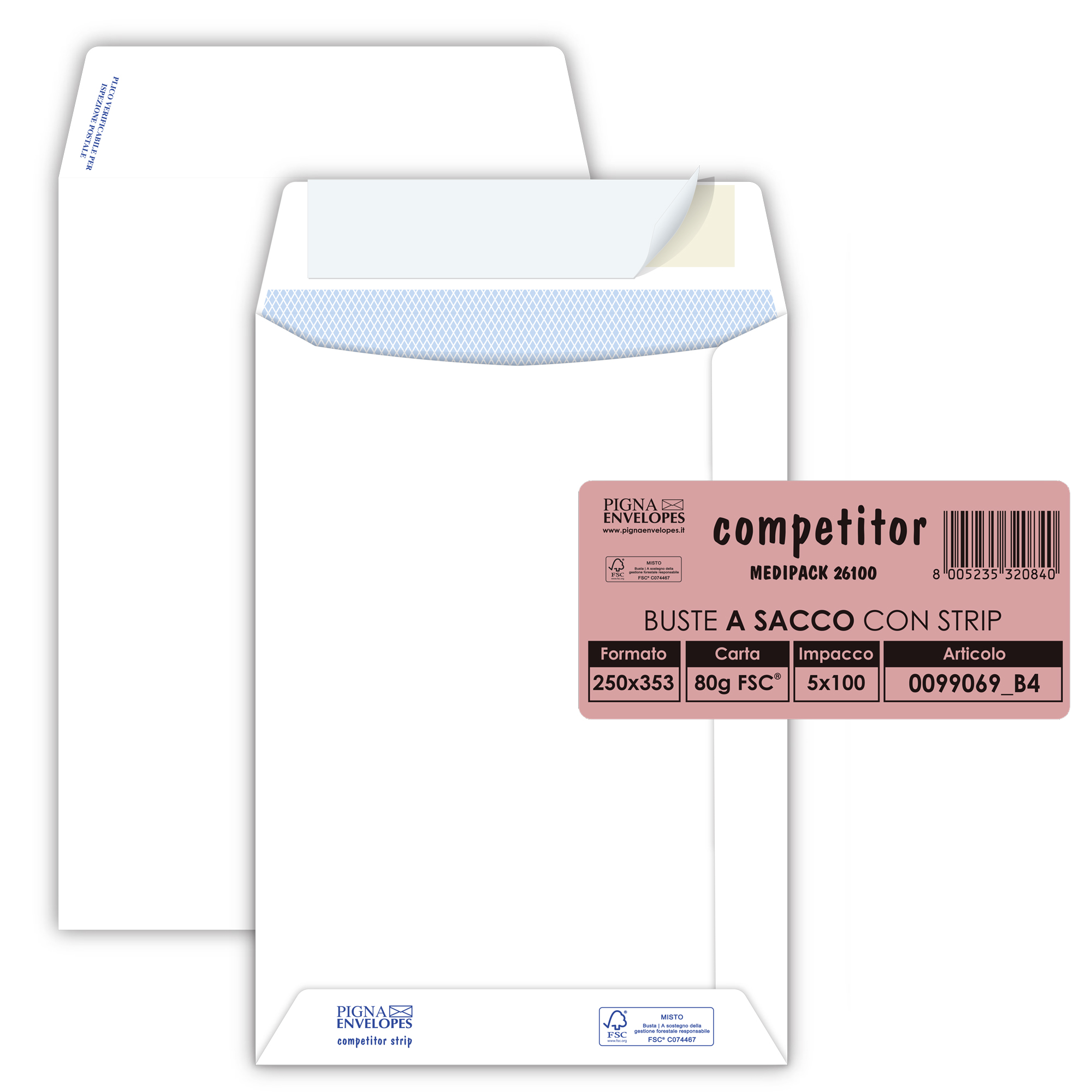 Pigna COMPETITOR STRIP - Busta - 250 x 353 mm - a portafoglio - estremità aperta - autoadesiva - pacco da 100