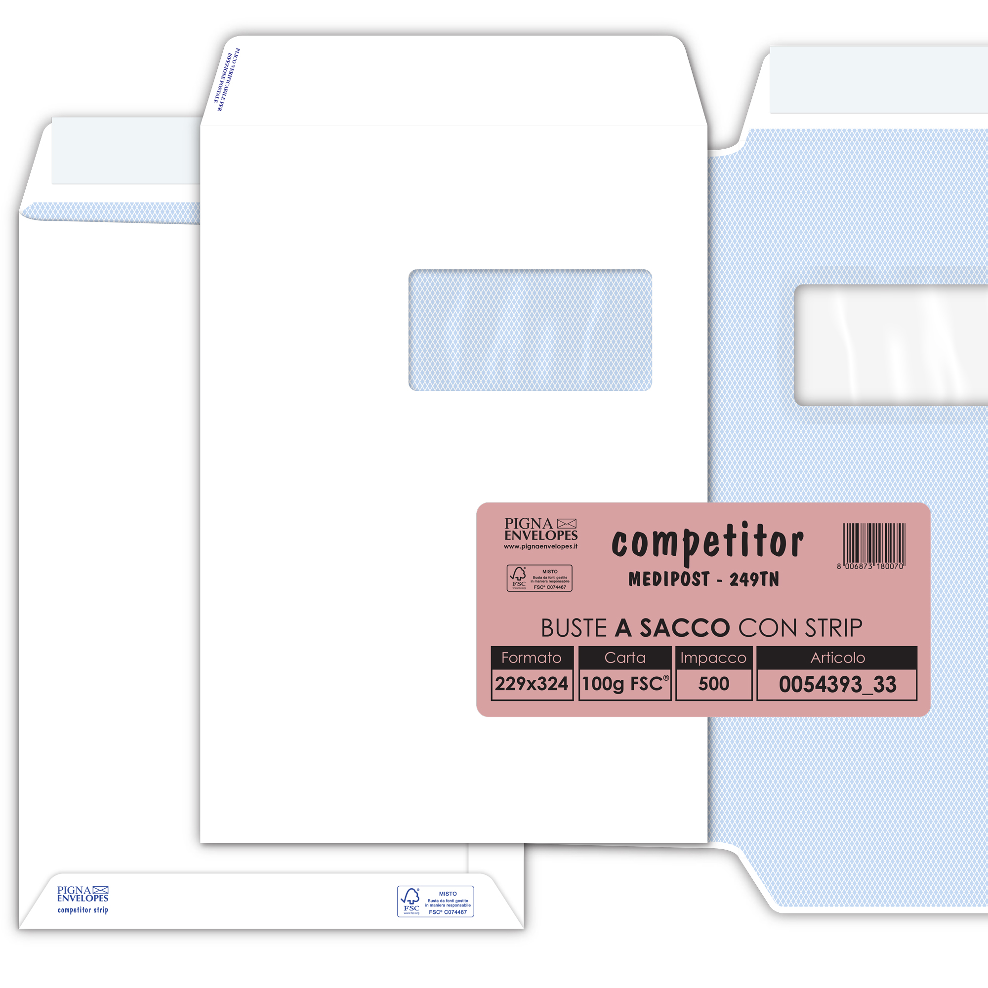 Pigna COMPETITOR - Busta - 230 x 330 mm - a portafoglio - estremità aperta - autoadesiva - 1 finestra - pacco da 500