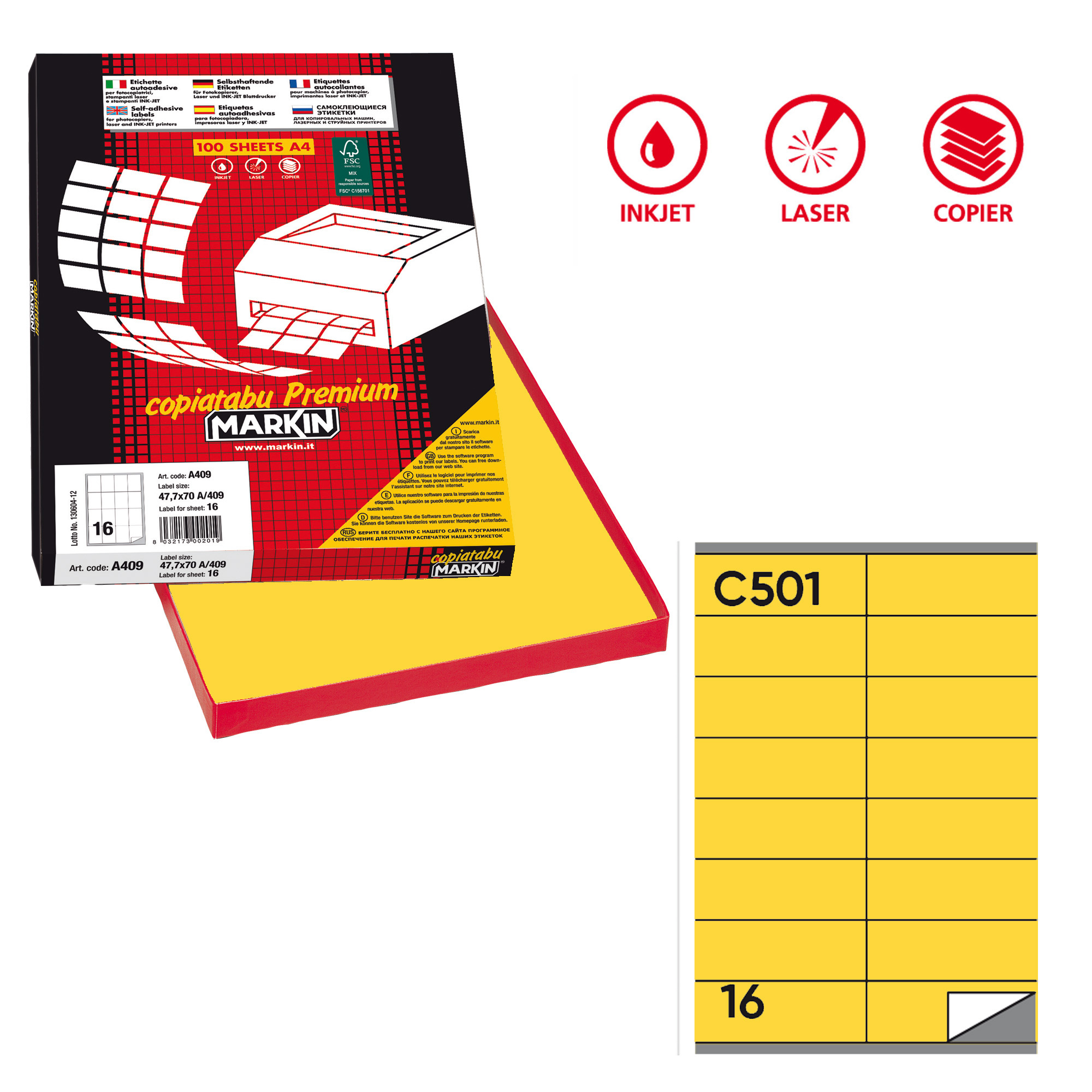 Markin - Autoadesivo permanente - giallo - 105 x 36 mm 1600 etichette (100 foglio(i) x 16) scatola - etichette