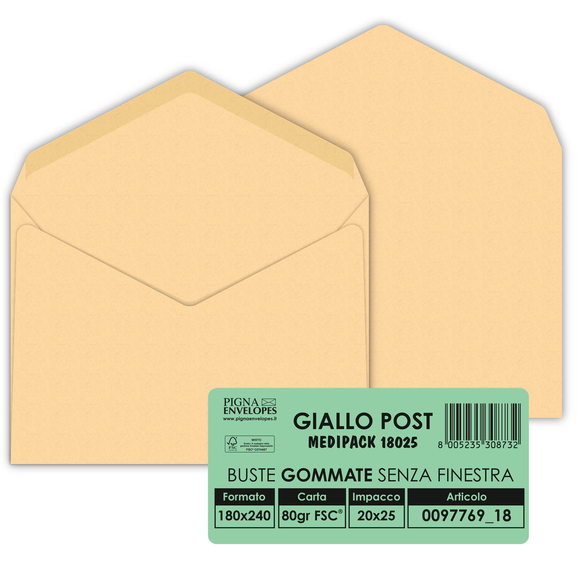Pigna POSTALE - Busta - 180 x 240 mm - triangolare - apertura laterale - giallo - pacco da 25