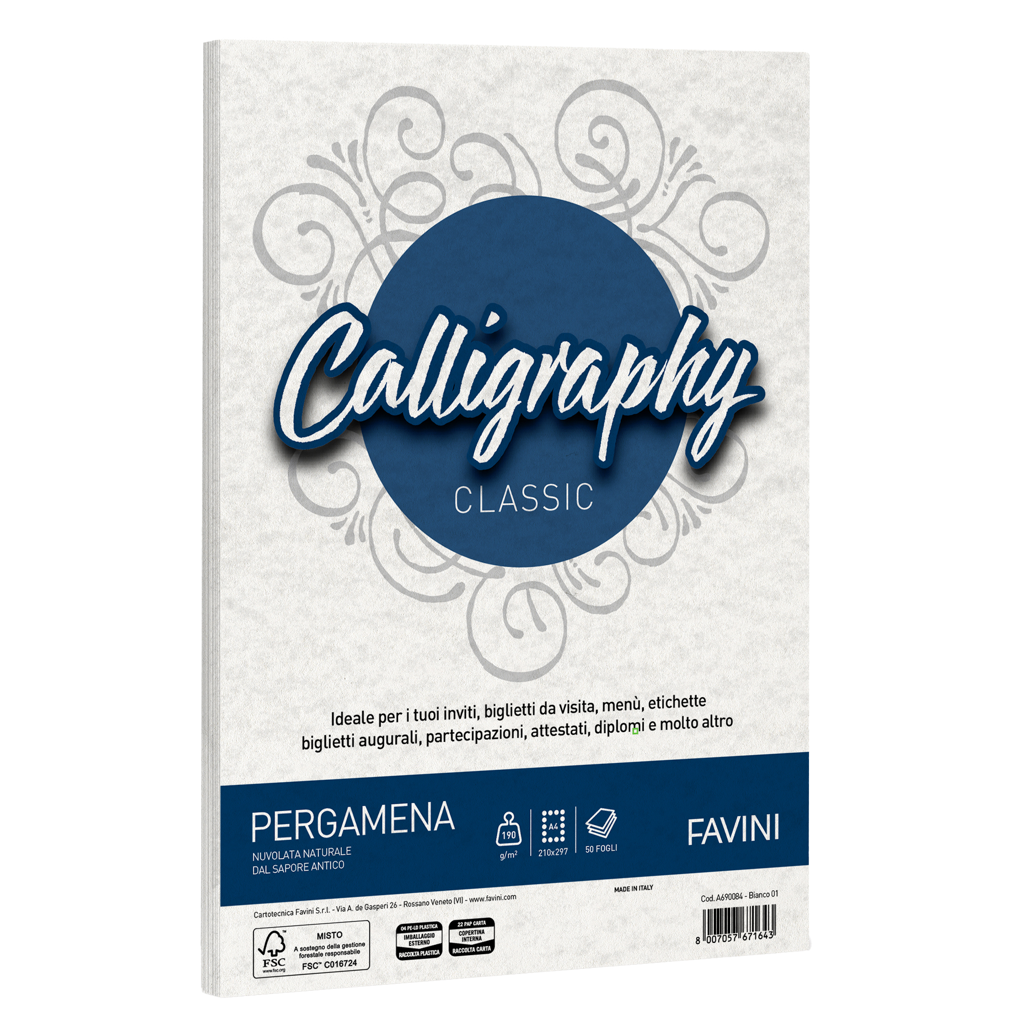 FAVINI HOME-OFFICE PRESTIGE Calligraphy - Pergamena - bianco - A4 (210 x 297 mm) - 190 g/m² - 50 fogli Carta