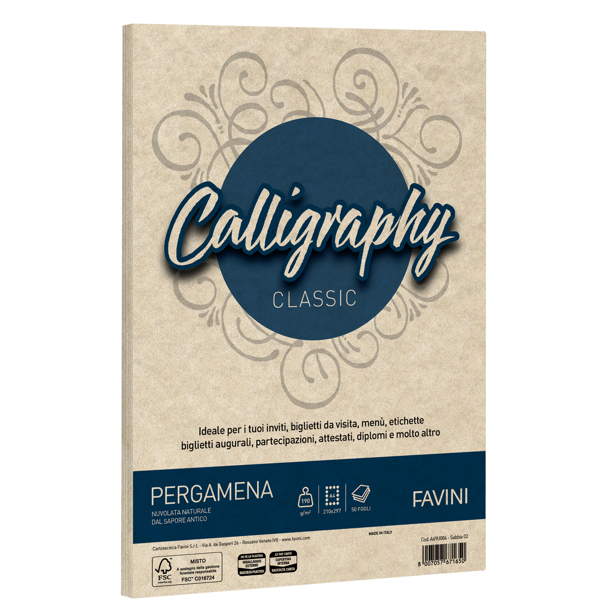 FAVINI HOME-OFFICE PRESTIGE Calligraphy - Pergamena - sabbia - A4 (210 x 297 mm) - 190 g/m² - 50 fogli Carta