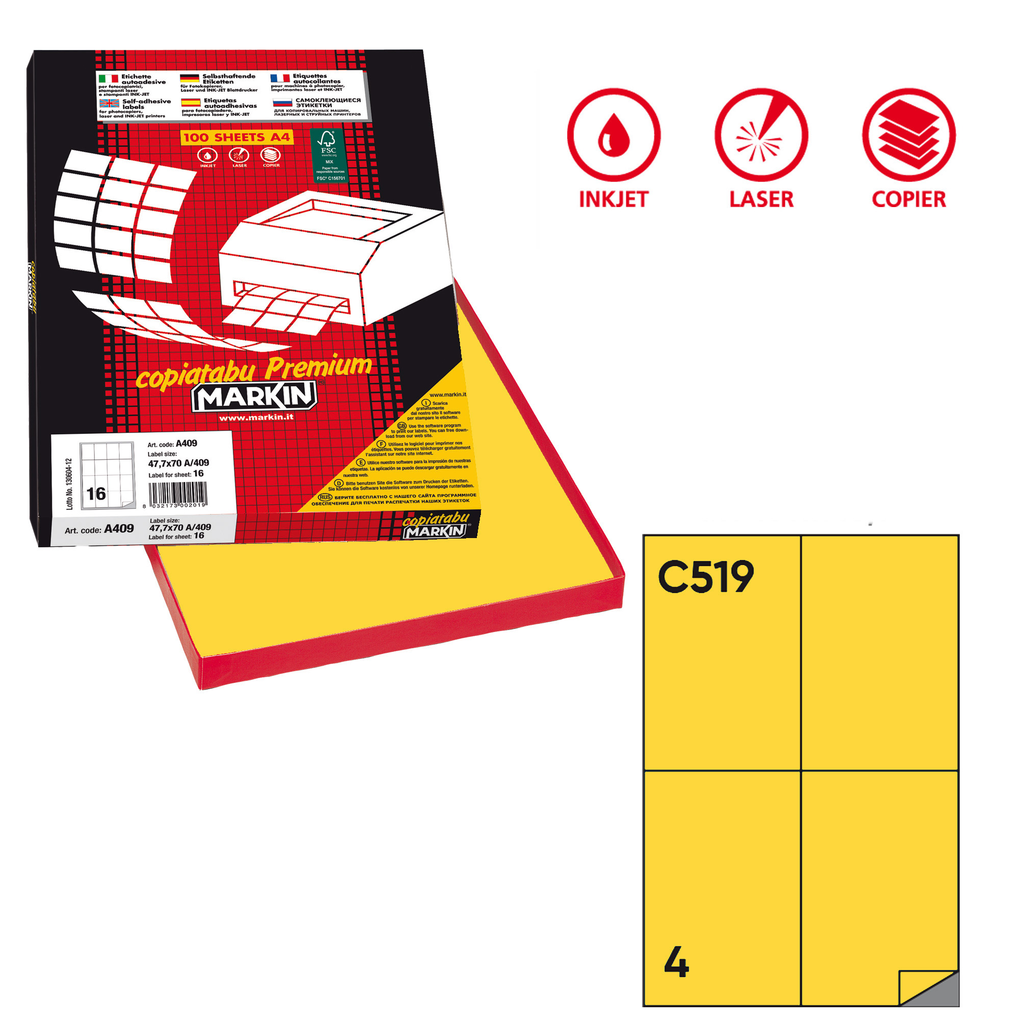 Markin - Autoadesivo permanente - giallo - 105 x 148.5 mm 400 etichette (100 foglio(i) x 4) scatola - etichette