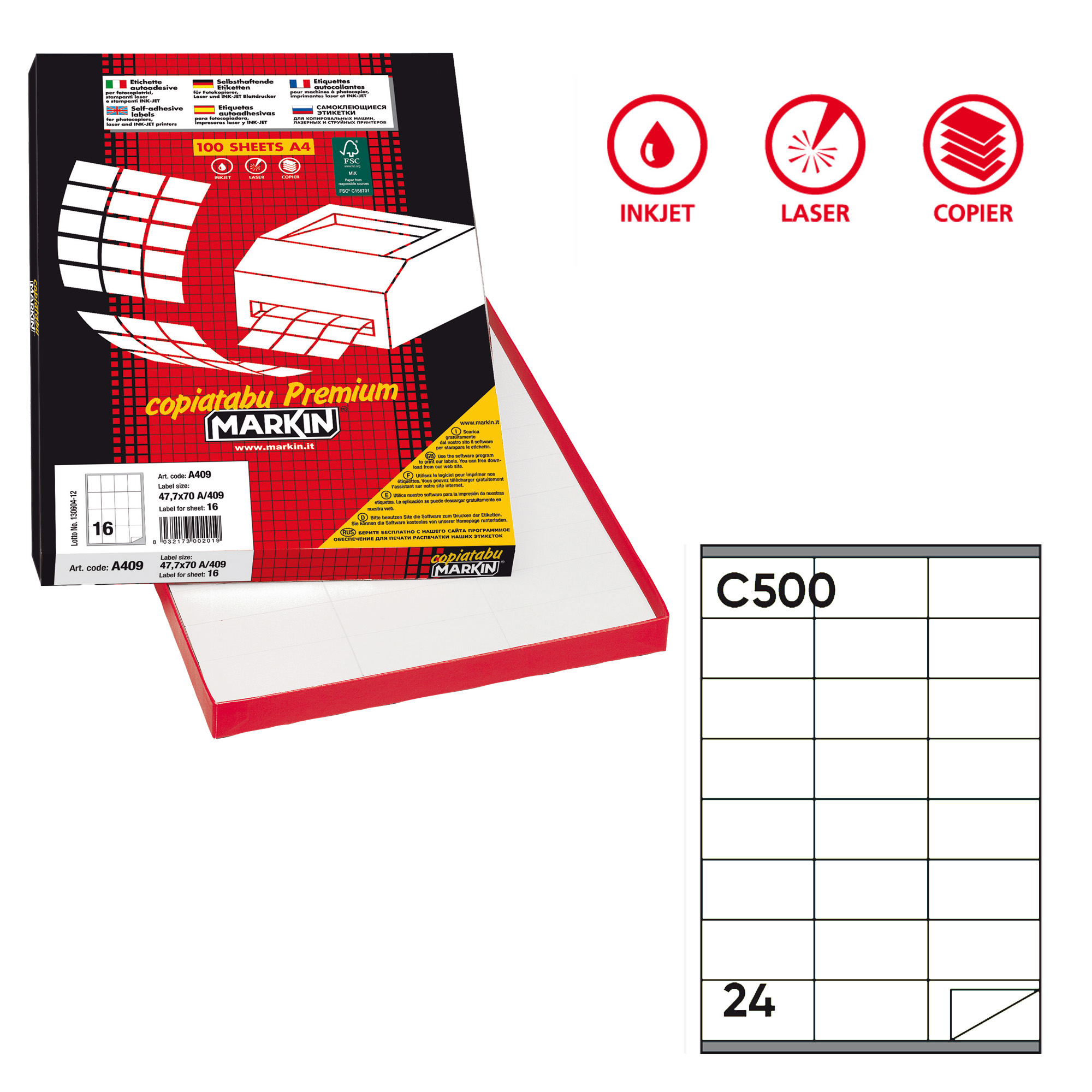 Markin - Carta - autoadesivo rimovibile - bianco - 70 x 36 mm - 70 g/m² - 2400 etichette (100 foglio(i) x 24) etichette