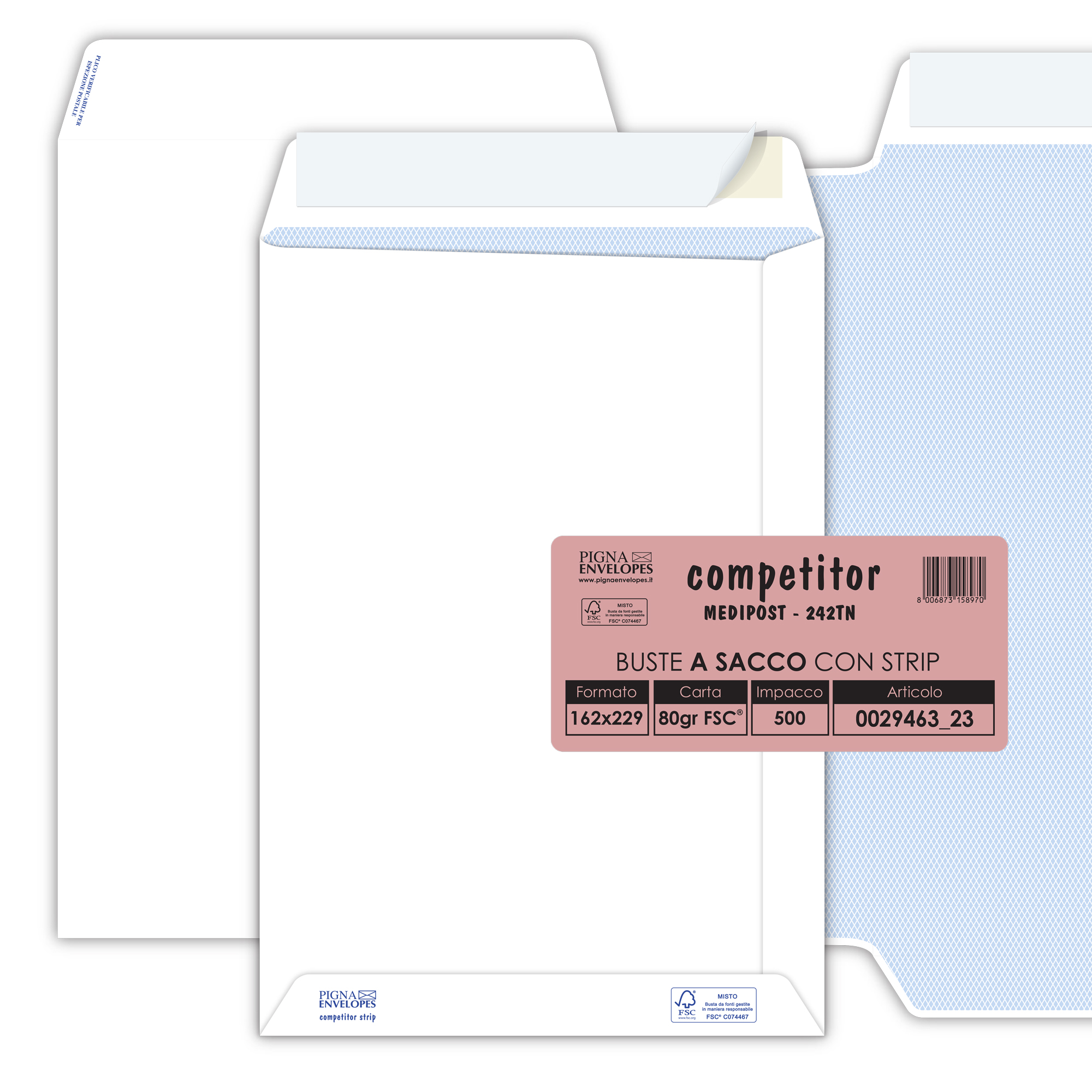 Pigna COMPETITOR - Busta - 160 x 230 mm - a portafoglio - estremità aperta - autoadesiva - tinta di sicurezza - pacco da 500