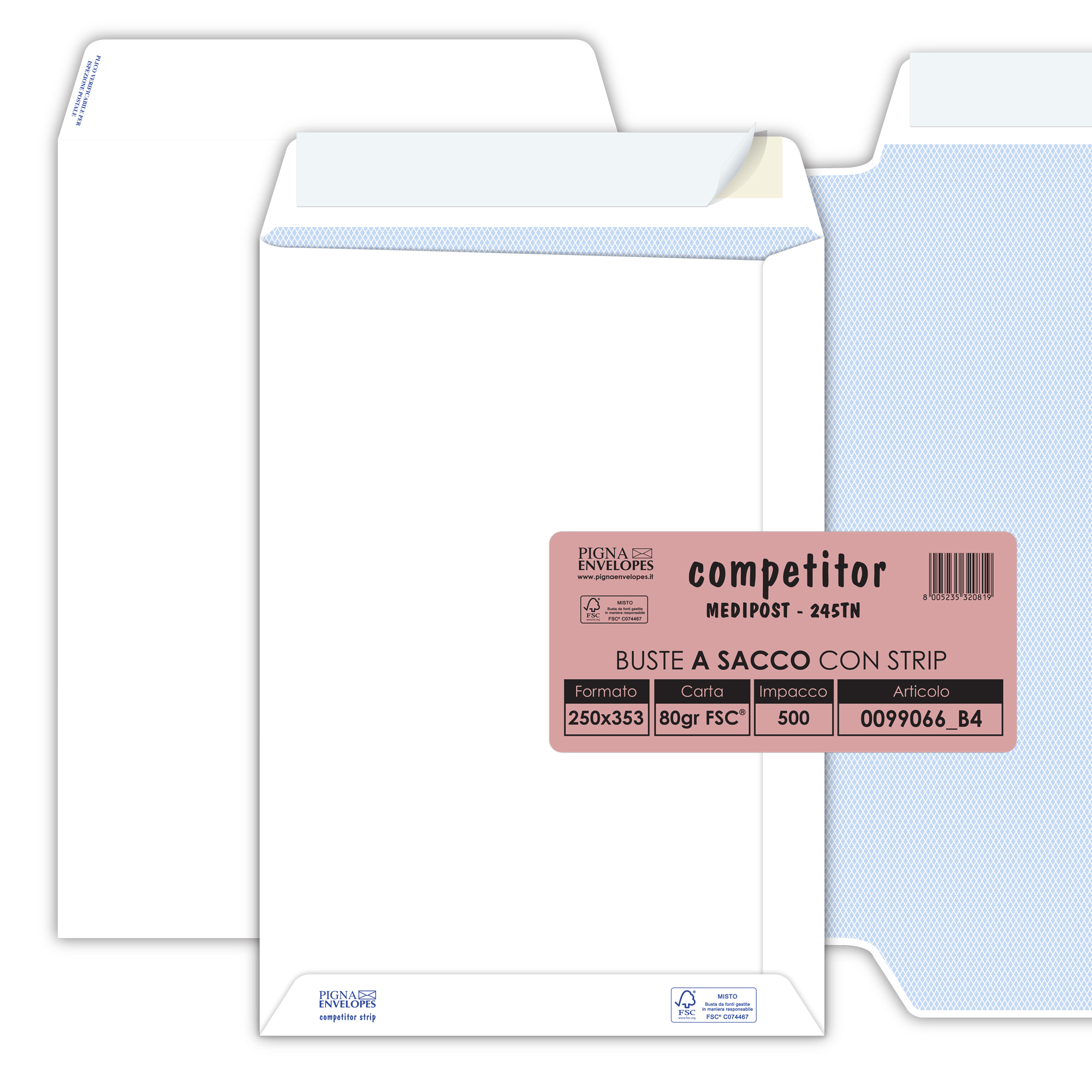 Buste a sacco autoadesive internografate Competitor - Pigna - con strip 25x35 3 cm 80g/mq carta uso mano bianca(conf.500)