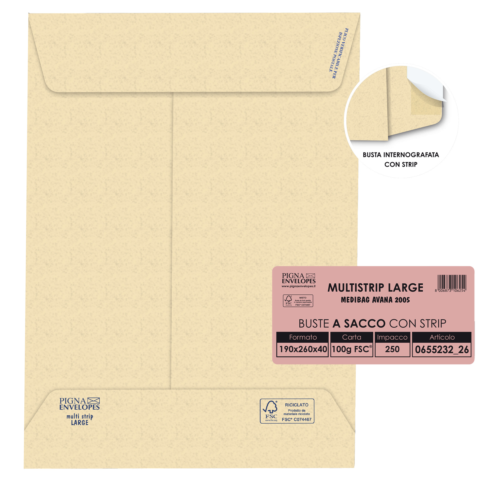 Pigna LAGERMAIL - Busta - espandibile - 190 x 260 mm - a portafoglio - estremità aperta - autoadesiva - pacco da 250