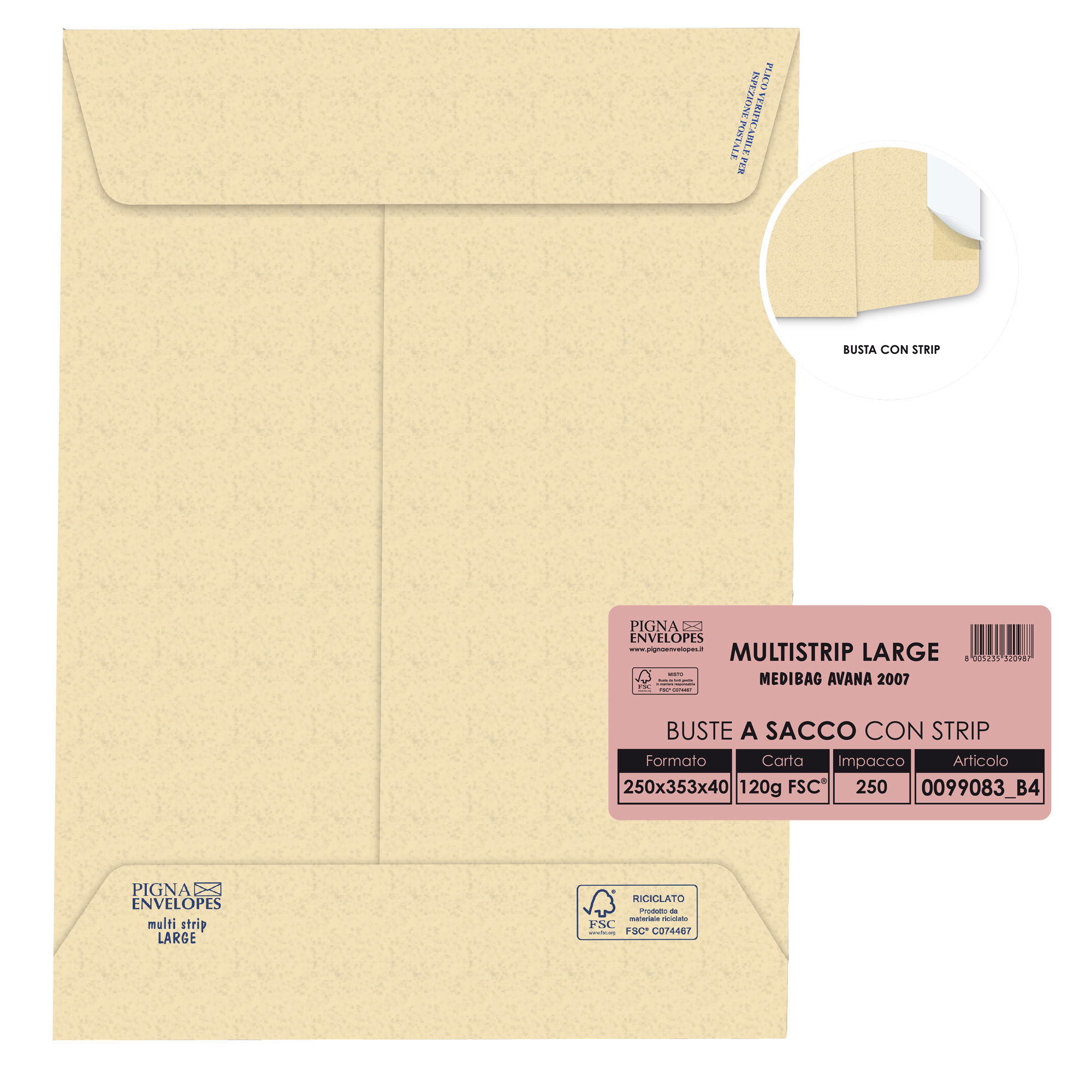 Pigna LAGERMAIL - Busta - espandibile - International B4 (250 x 353 mm) - a portafoglio - estremità aperta - autoadesiva - pacco da 250
