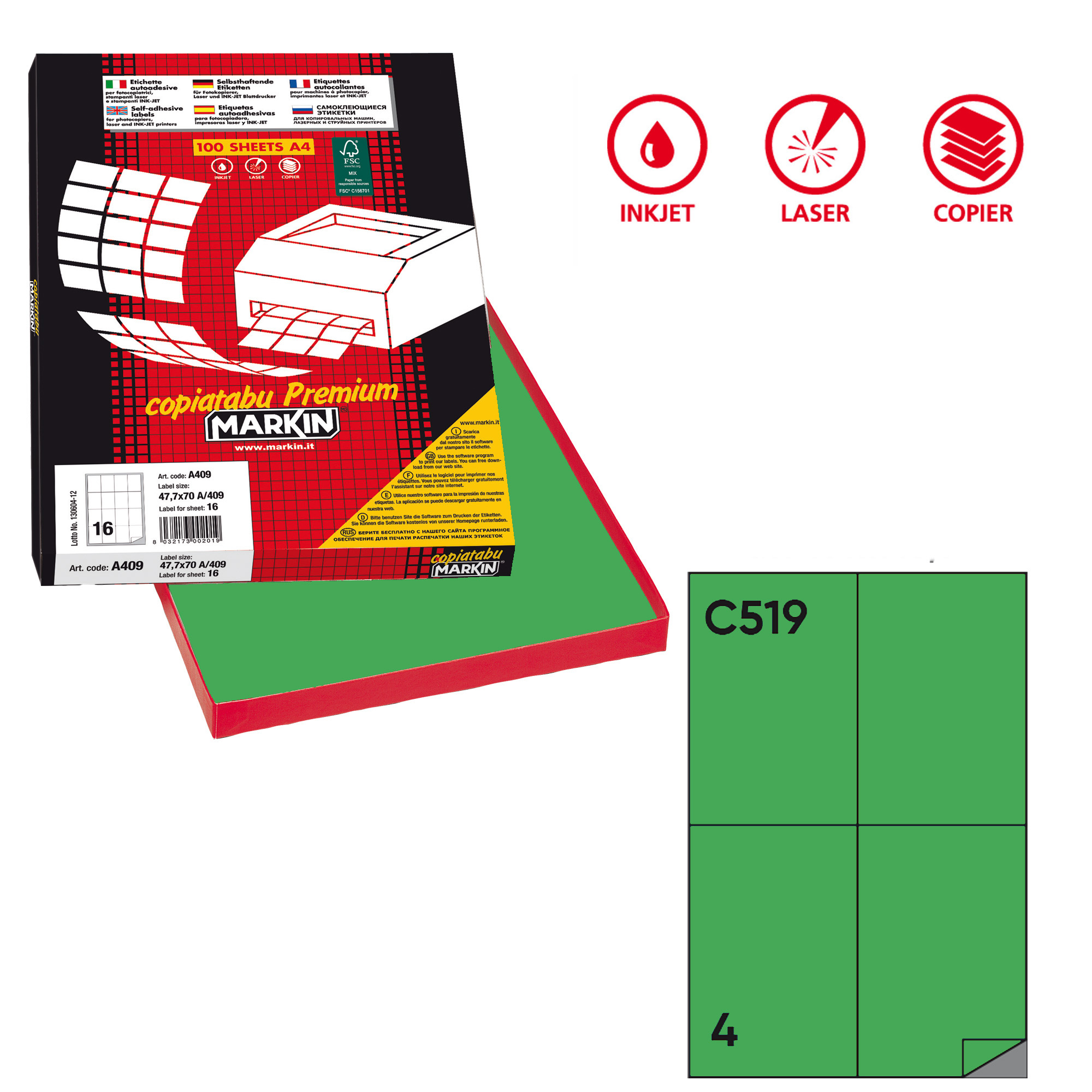 Markin Copiatabu C519 - Adesivo permanente - verde - 105 x 148.5 mm 400 etichette (100 foglio(i) x 4) etichette