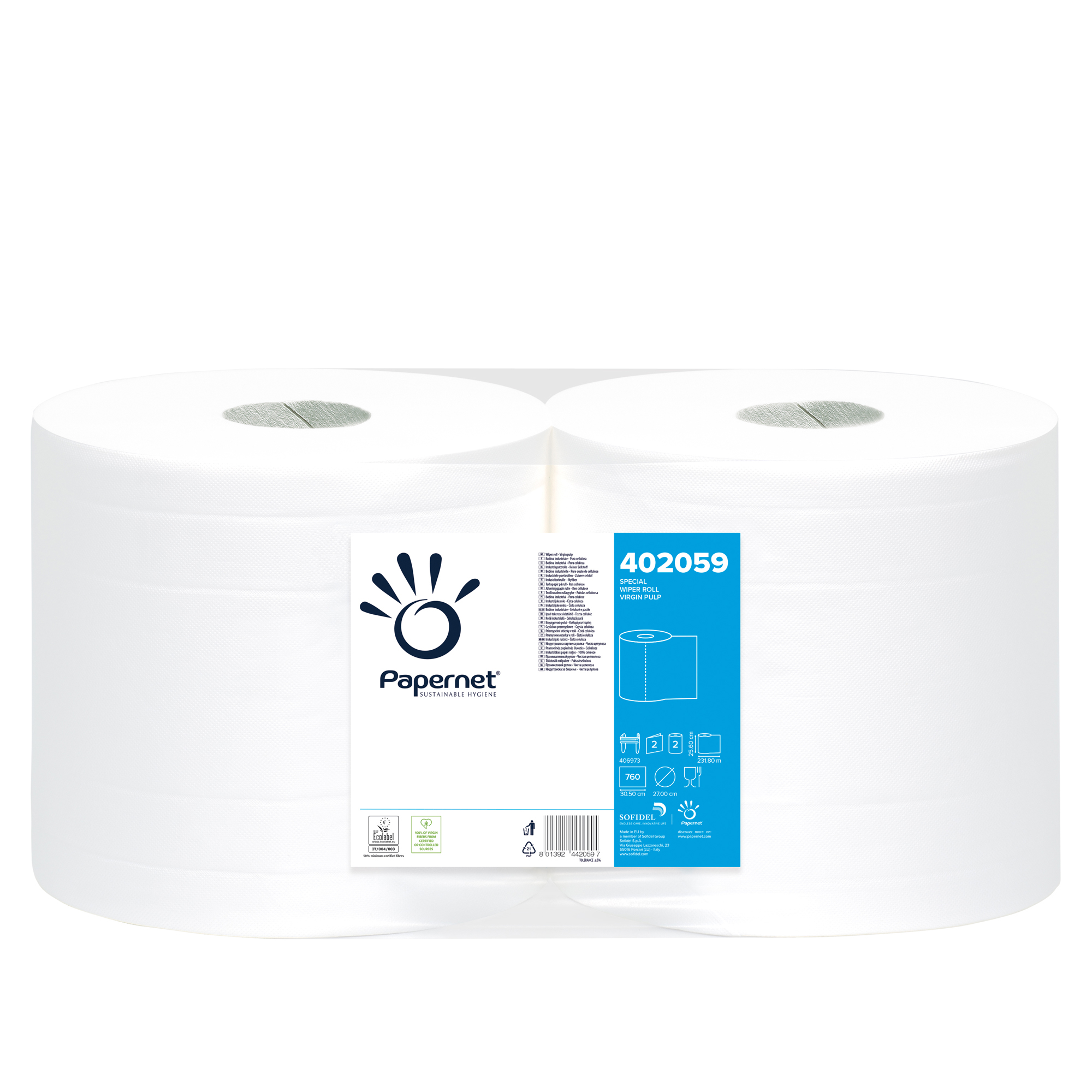 Papernet Special - Asciugamani di carta - 4.154 g - pura cellulosa - 760 fogli - rotolo - 231.8 m - bianco (pacchetto di 2)