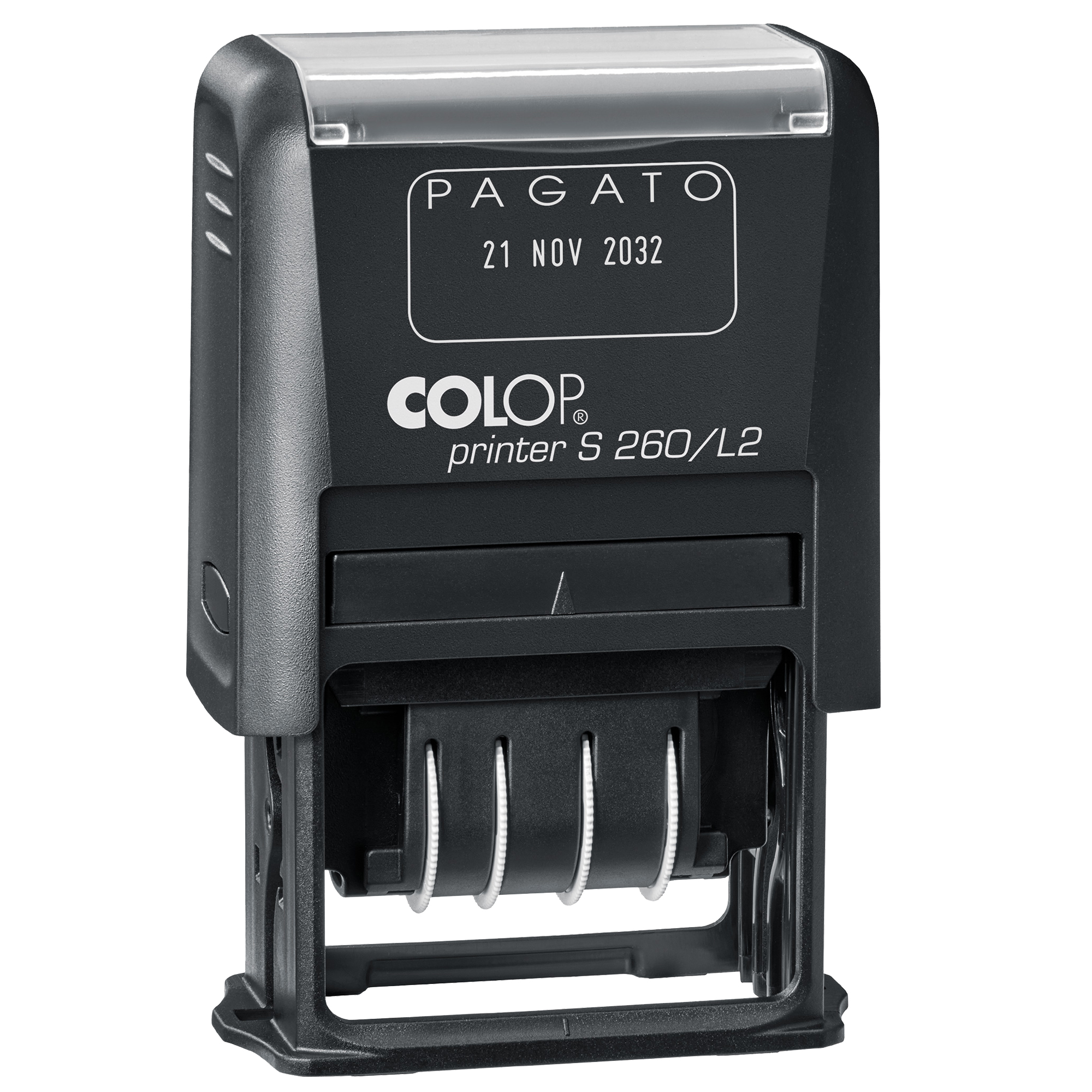 Timbro S260/L2 Datario + PAGATO - 4 mm - autoinchiostrante - bicolore - Colop