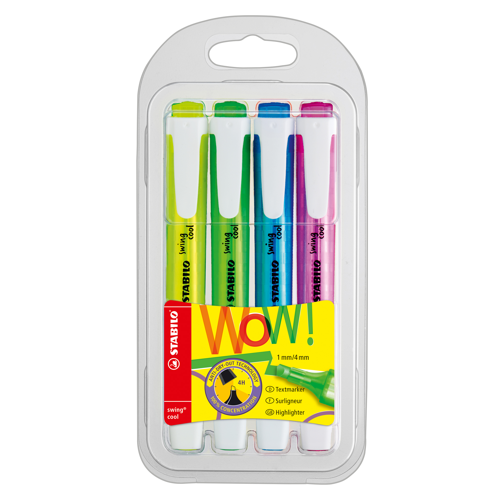 STABILO swing cool - Evidenziatore - blu fosforescente, giallo fluorescente, verde fluorescente, rosa fluorescente - inchiostro base acqua - 1-4 mm (pacchetto di 4)