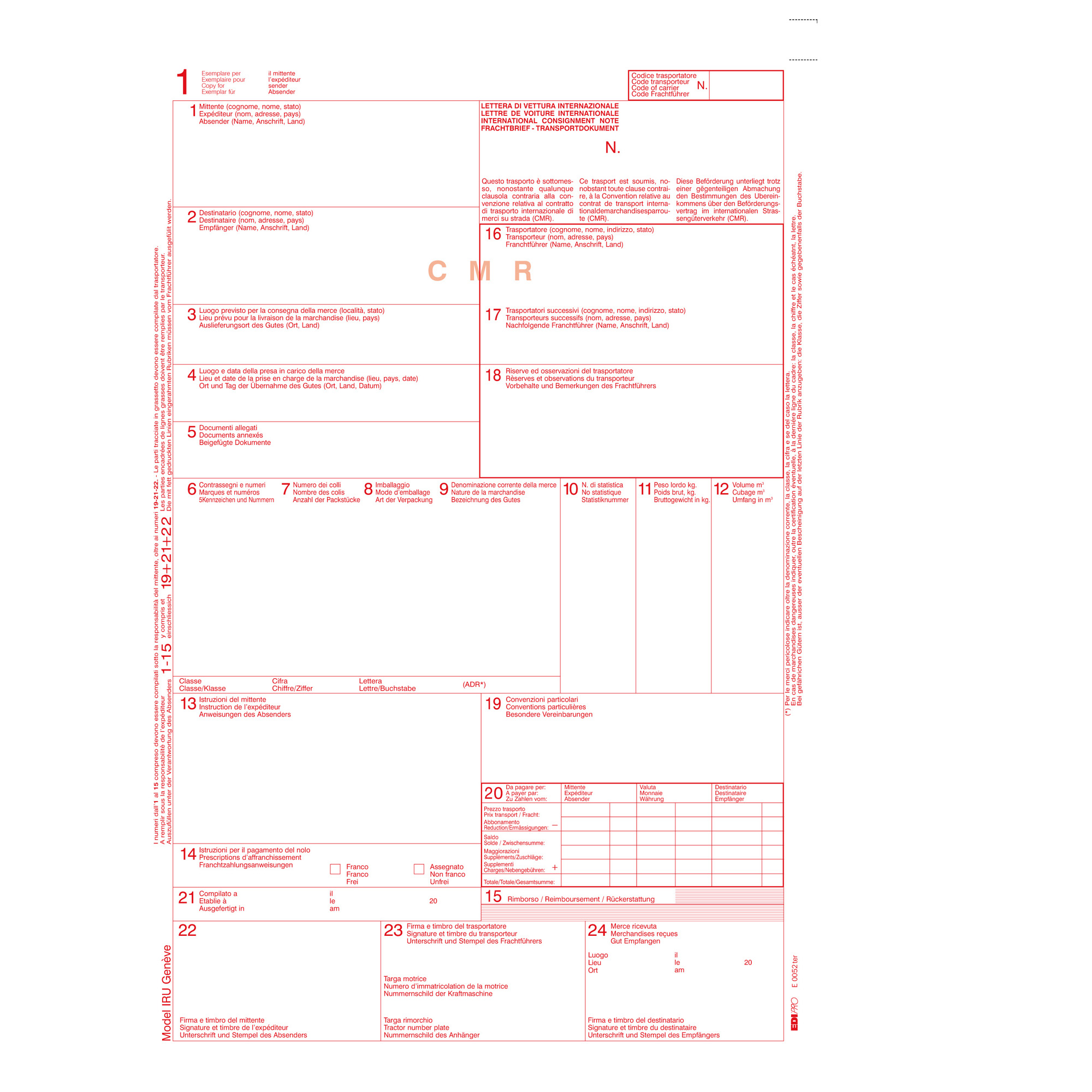 Edipro C.M.R. - Nota di consegna internazionale - A4 - 5 parti