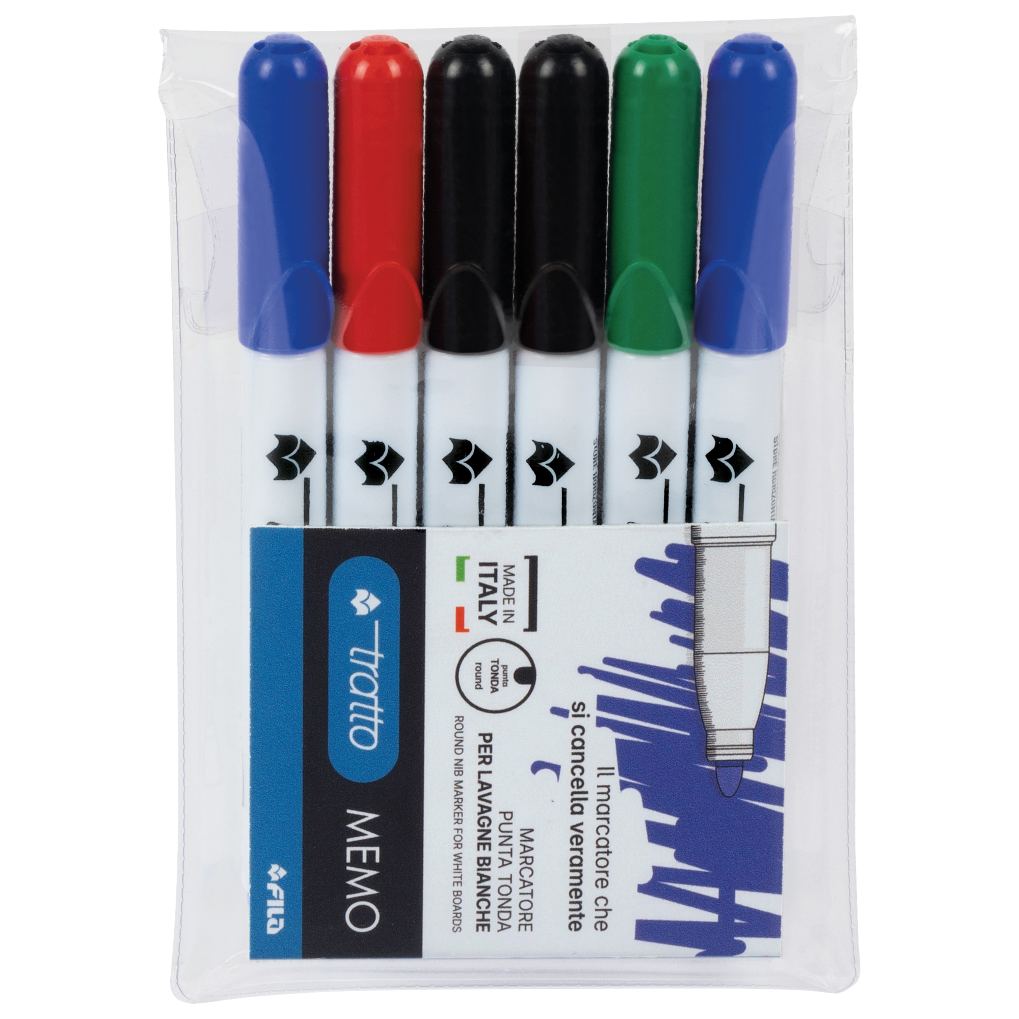 Pennarello a secco Tratto Memo per lavagne cancellabili - punta conica - tratto 2,5mm - astuccio 6 colori - Tratto