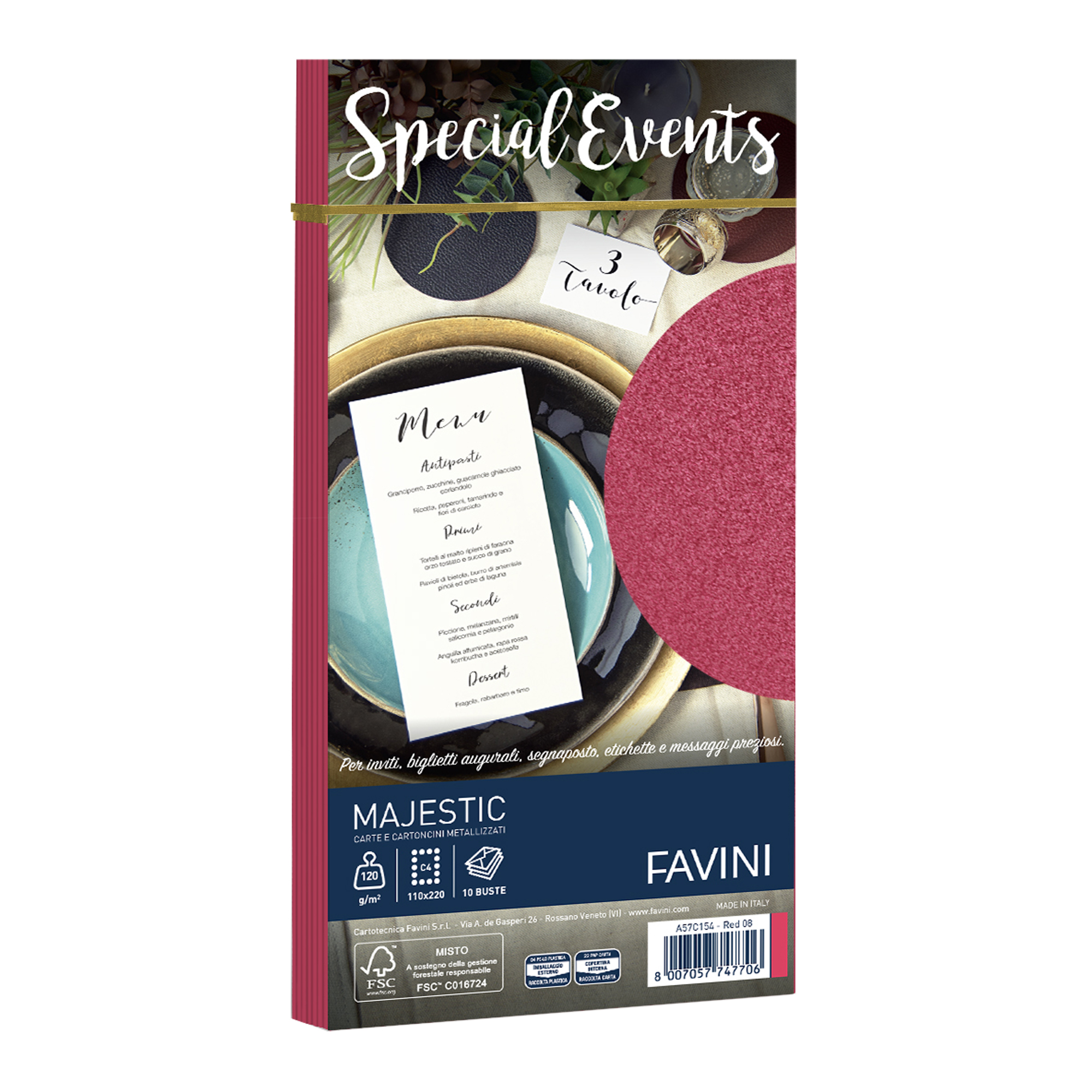 FAVINI HOME-OFFICE PRESTIGE Top Collection Special Events - Rosso - 110 x 220 mm - 120 g/m² - 10 pezzi Buste ai pigmenti perlati