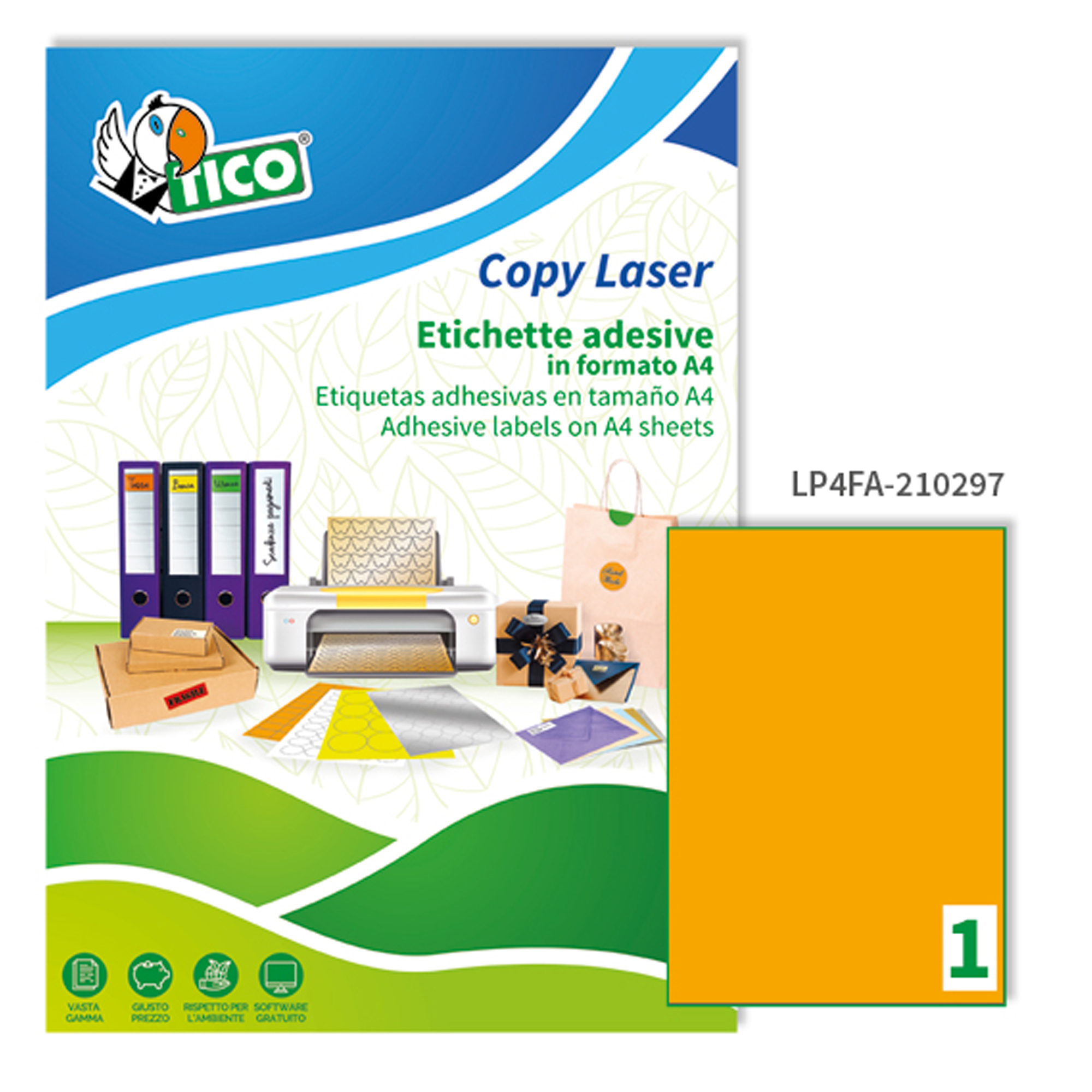 Tico Copy Laser Premium - Carta - adesivo permanente - arancione fluorescente - A4 (210 x 297 mm) 70 etichette (70 foglio(i) x 1) etichette