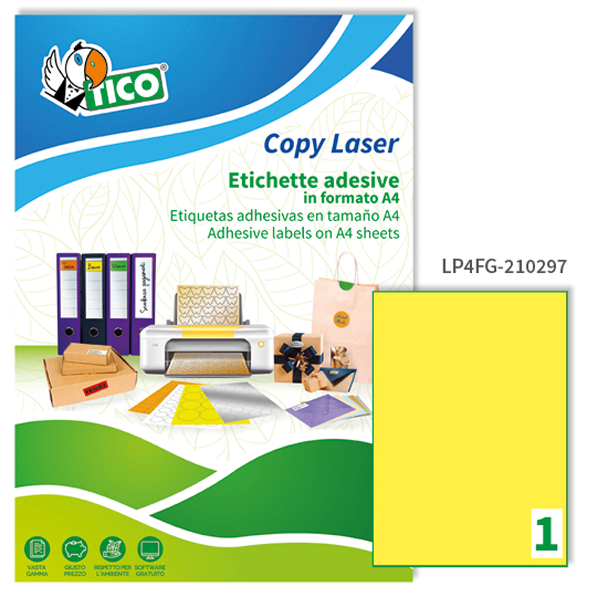 Tico Copy Laser Premium - Carta - adesivo permanente - giallo fluorescente - A4 (210 x 297 mm) 70 etichette (70 foglio(i) x 1) etichette
